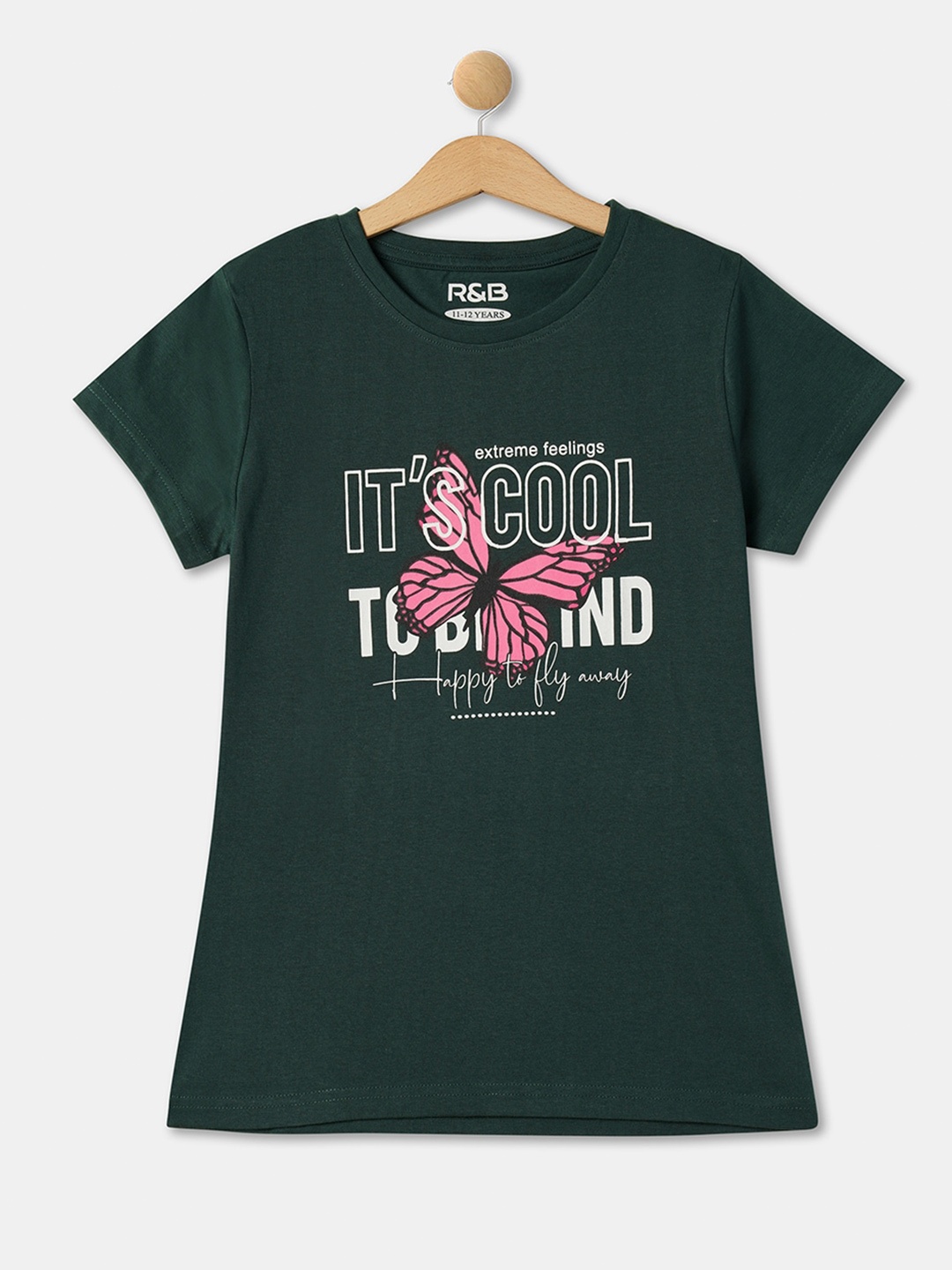 

R&B Girls Graphic Printed Cotton T-shirt, Green