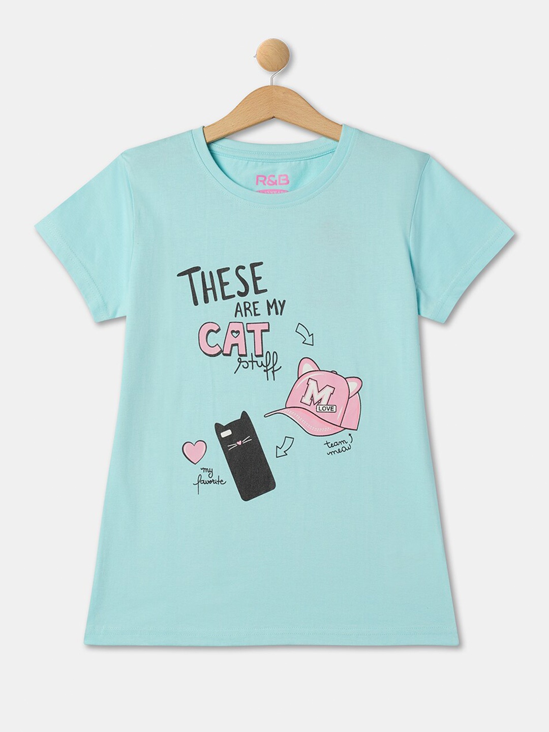 

R&B Girls Regular Fit Graphic Print Round Neck Short Sleeve Cotton T-shirt, Blue