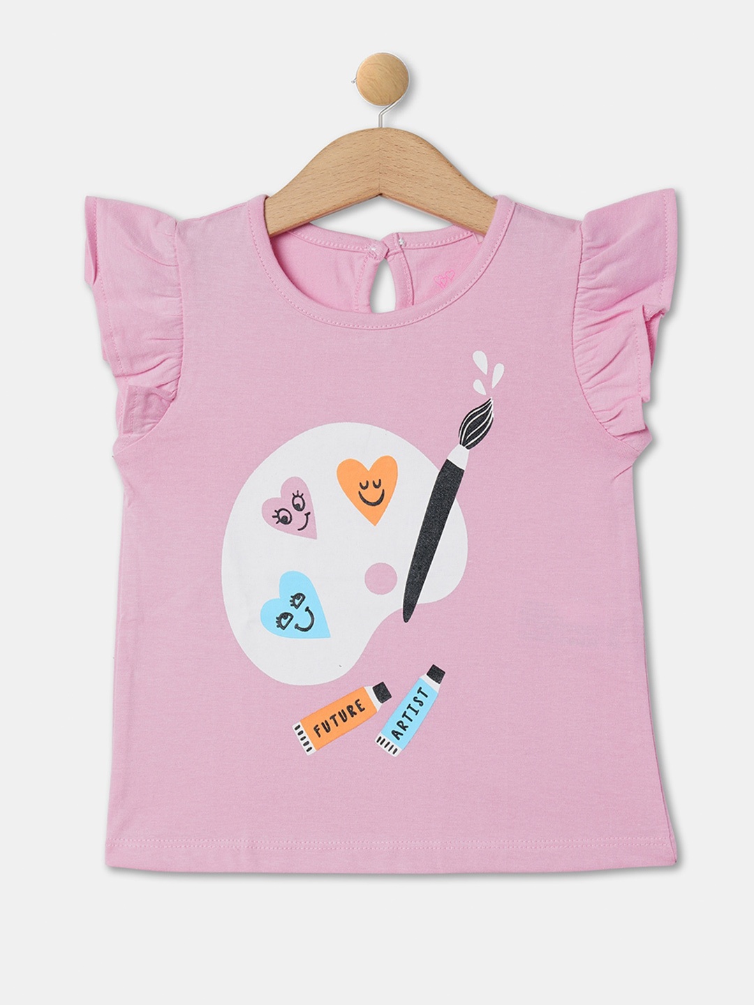 

R&B Girls Graphic Printed Flutter Sleeves Cotton Top, Pink