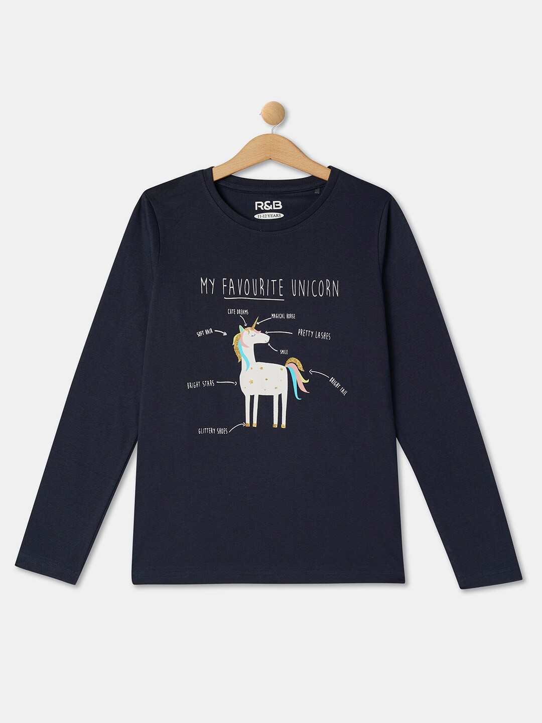 

R&B Girls Typography Printed Cotton T-shirt, Navy blue