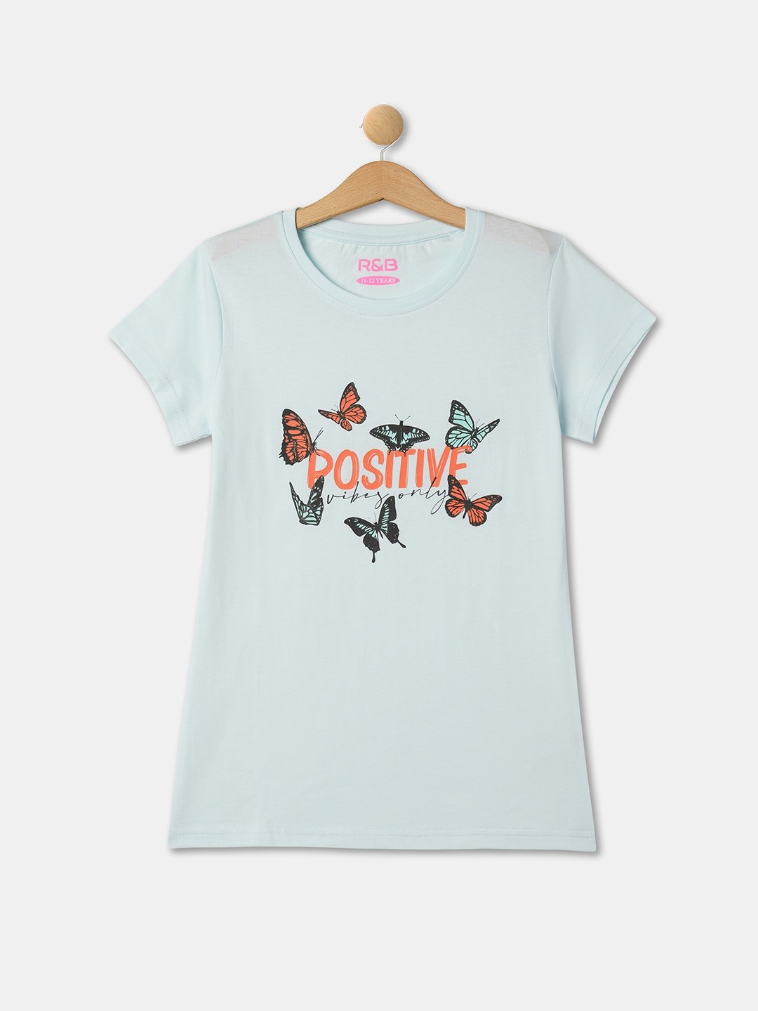 

R&B Girls Graphic Printed Round Neck Short Sleeve Cotton T-Shirt, Blue