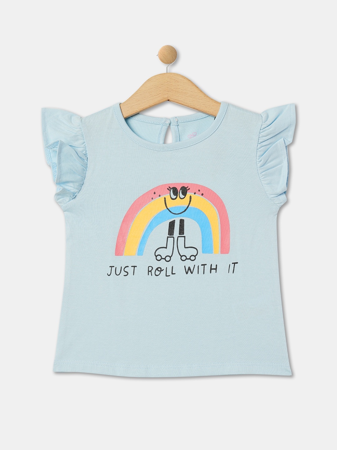

R&B Girls Graphic Printed Flutter Sleeve Cotton Top, Blue