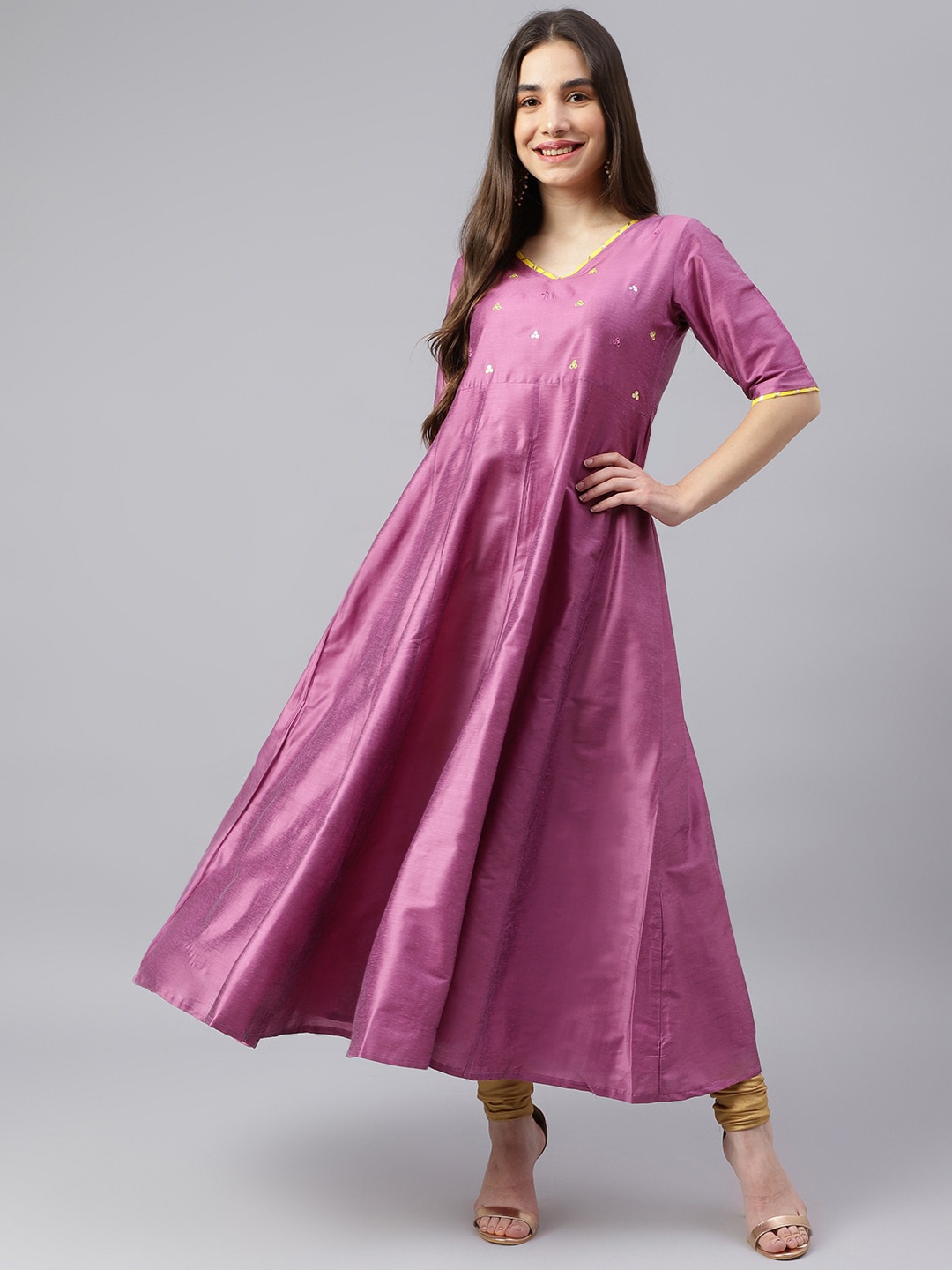 

KALINI Mirror Work Embellished V-Neck Anarkali Kurta, Purple