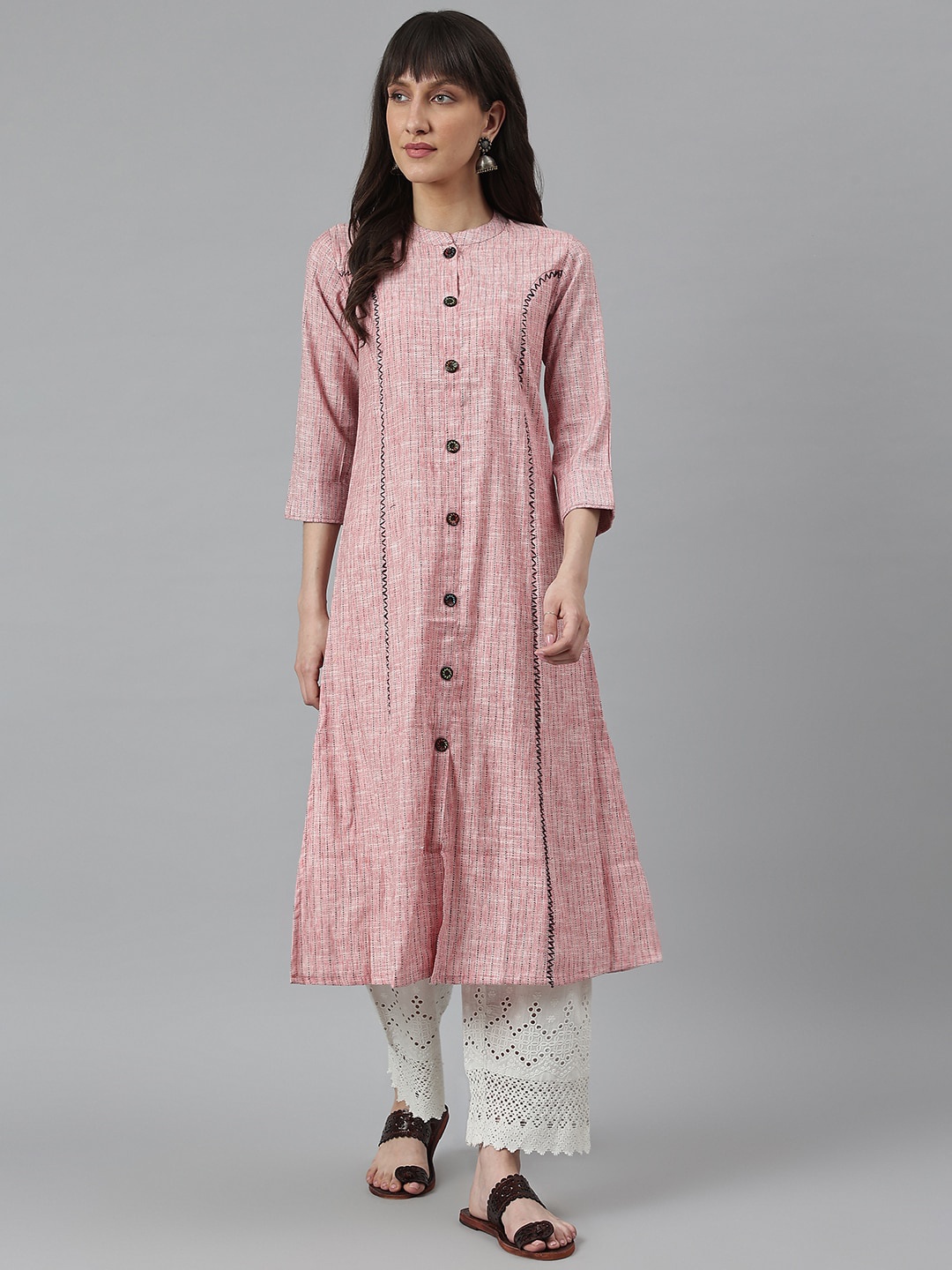 

KALINI Women Design Mandarin Collar Thread Work A-Line Cotton Kurta, Red
