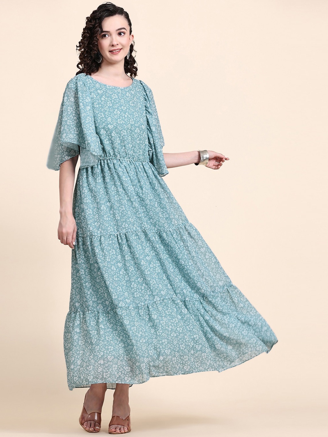 

BLACK SCISSOR Floral Printed Flutter Sleeve Tiered Maxi Georgette Fit & Flared Dress, Sea green
