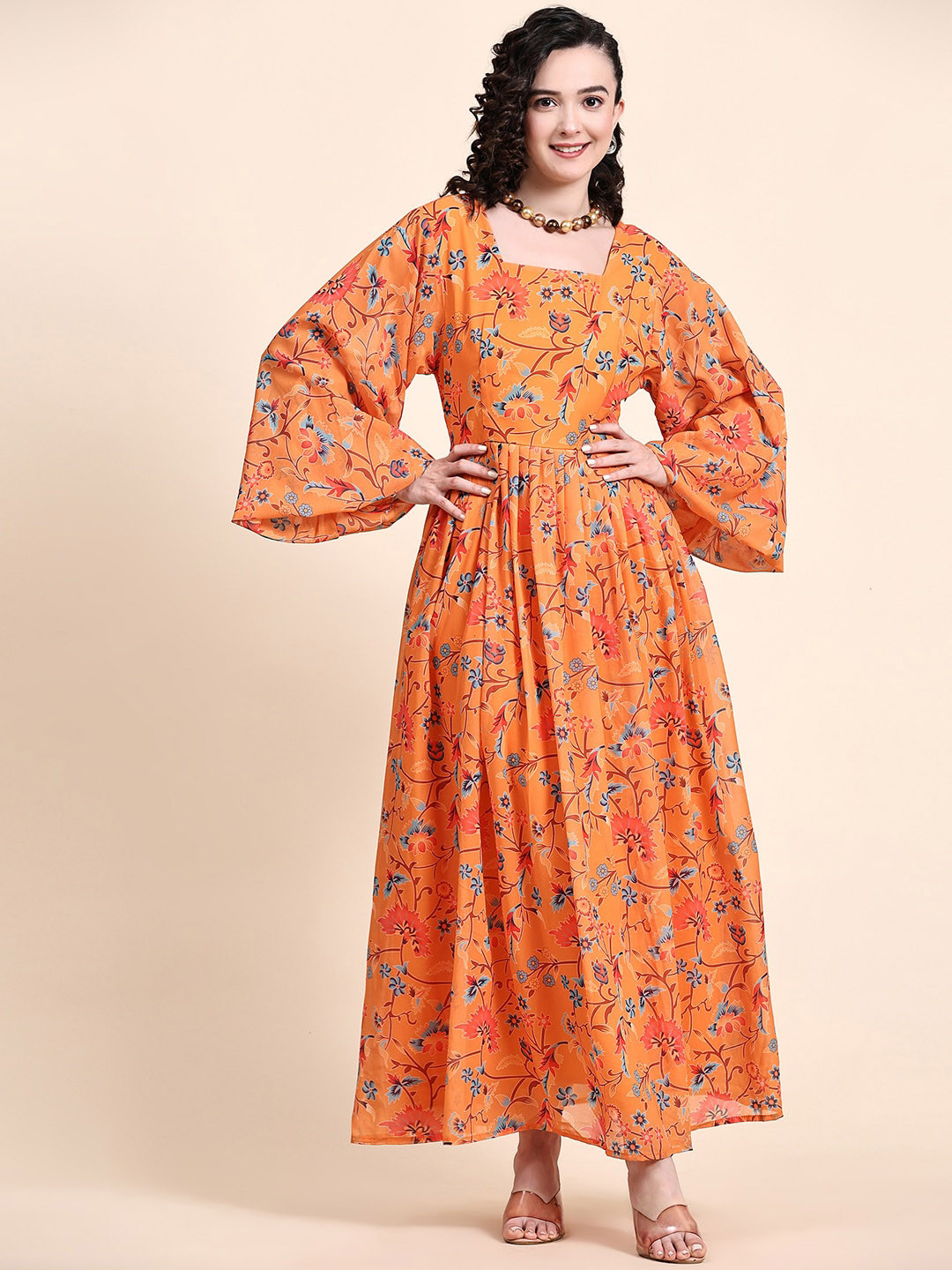 

BLACK SCISSOR Floral Printed Flared Sleeve Georgette Fit & Fare Ethnic Dresses, Orange