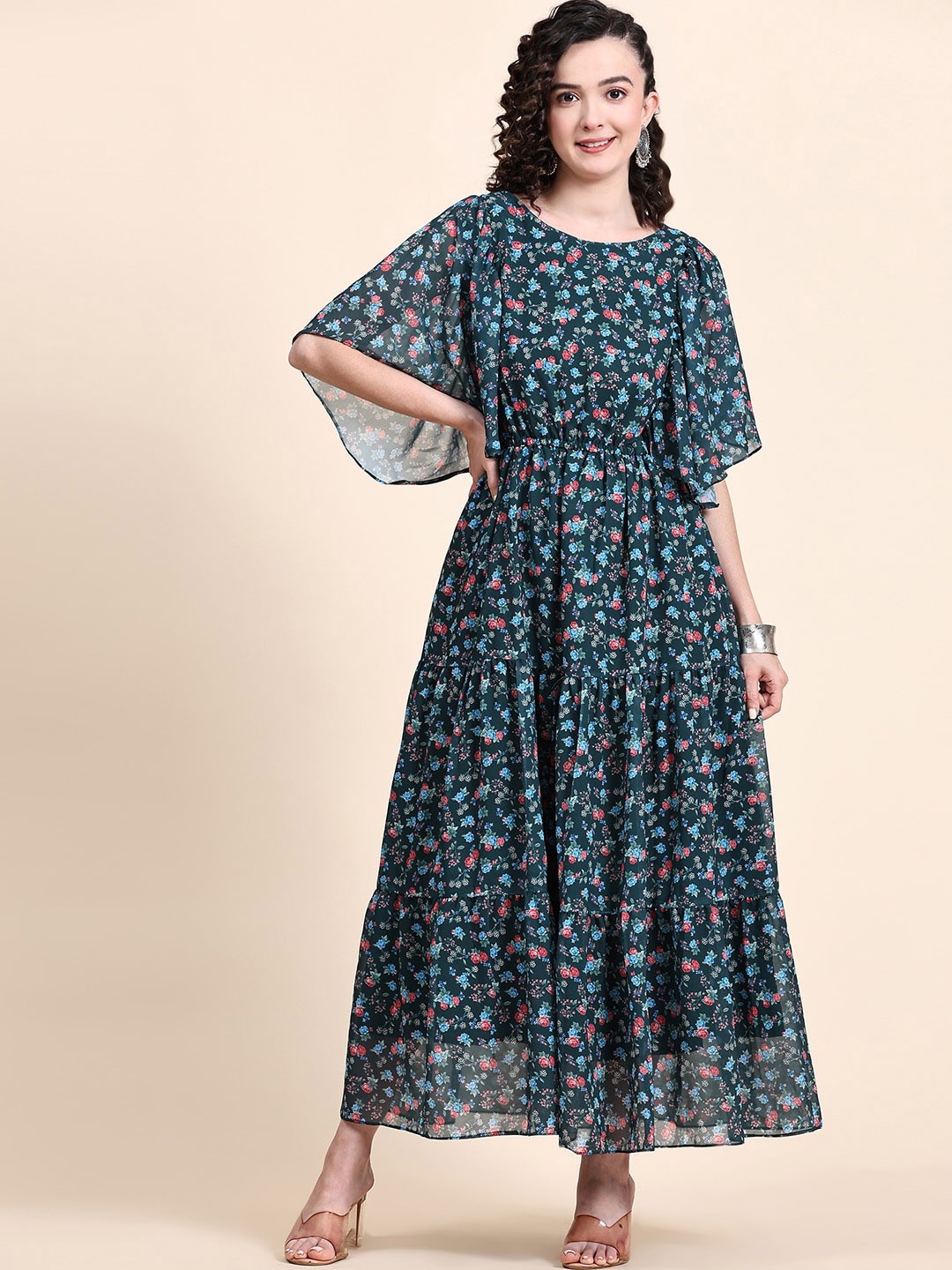 

BLACK SCISSOR Floral Printed Flutter Sleeve Tiered Maxi Georgette Fit & Flared Dress, Green