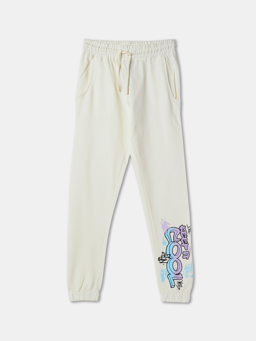 

R&B Girls Typography Printed Cotton Joggers, White