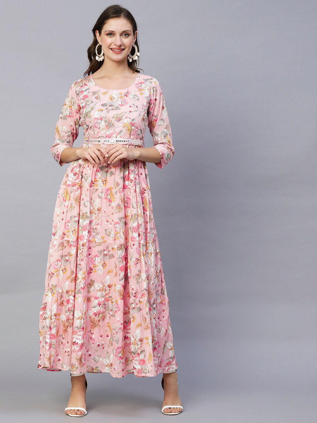 

FASHOR Pink Floral Printed Gathered Or Pleated Cotton Maxi Dress