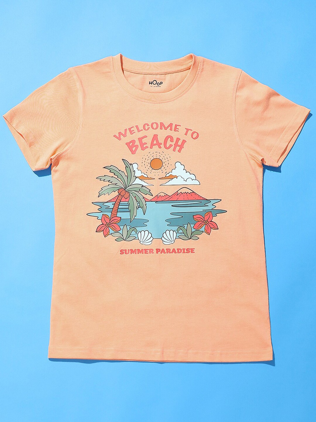 

Hoop Girls Graphic Printed Cotton T-shirt, Peach