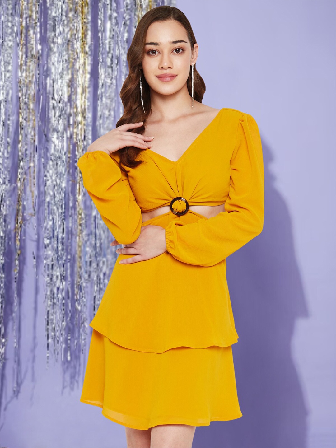 

Martini V Neck Puff Sleeve Cut-Out Detail Sheath Dress, Mustard