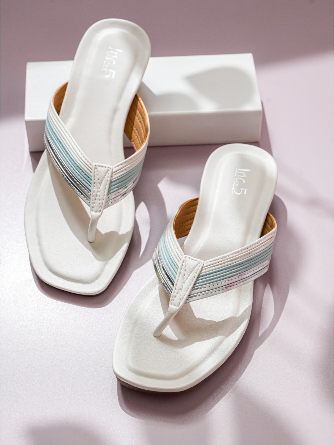 

Inc 5 Striped Open Toe Flats, White