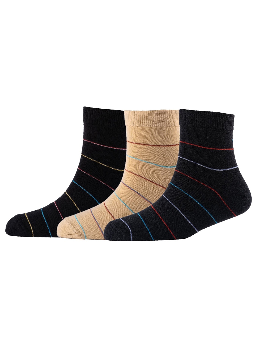 

Cotstyle Men Pack Of 3 Striped Pure Cotton Above Ankle Socks, Beige