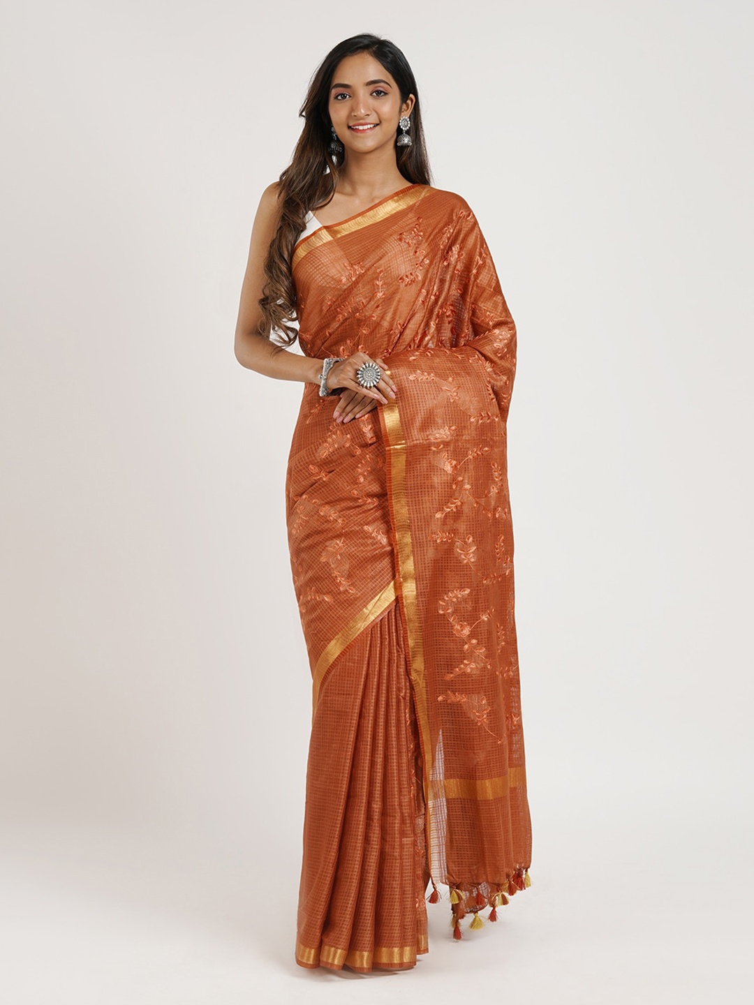 

TEEJH Floral Embroidered Zari Kota Saree, Brown