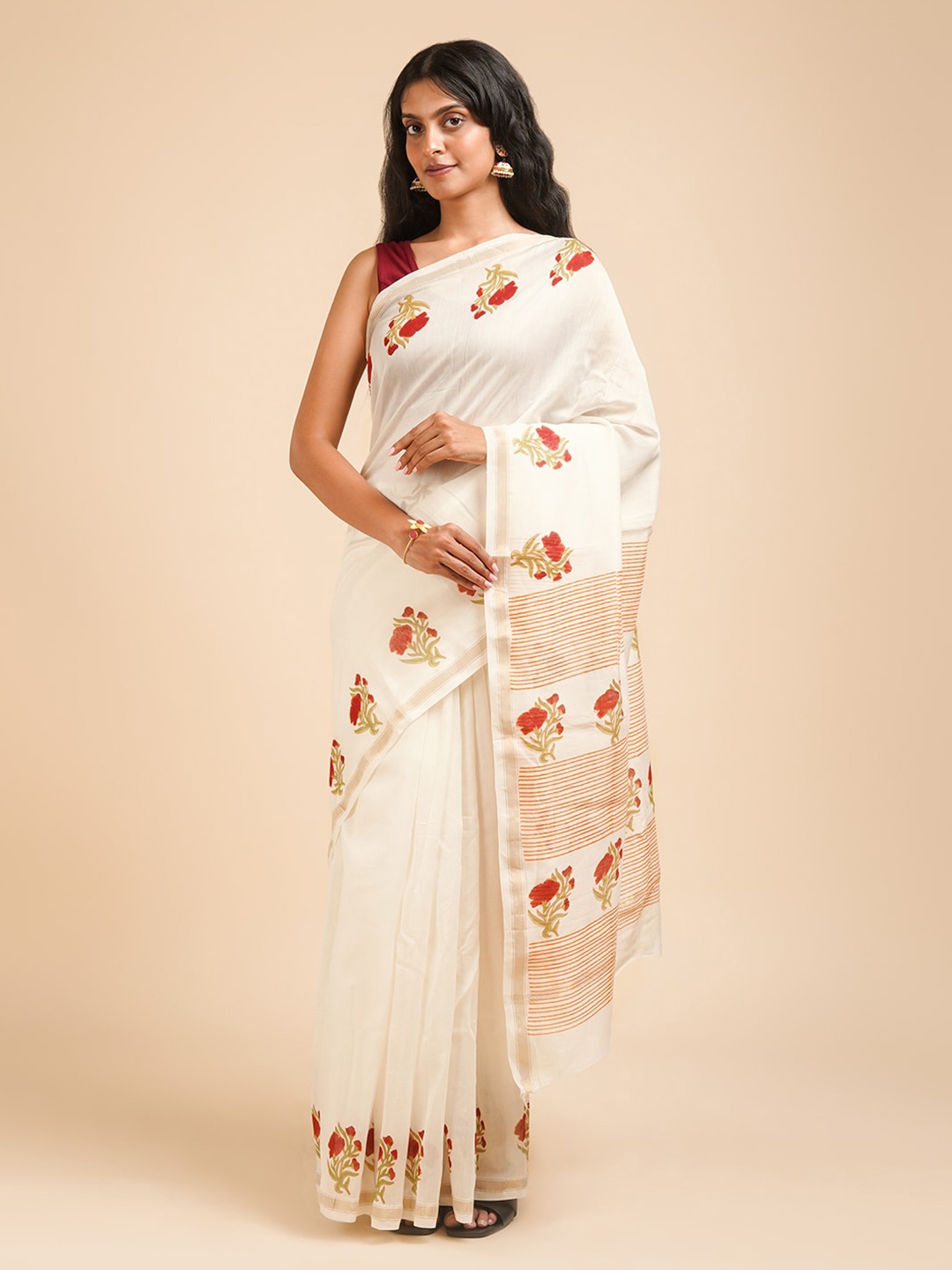 

TEEJH Floral Printed Zari Silk Cotton Chanderi Saree, Off white