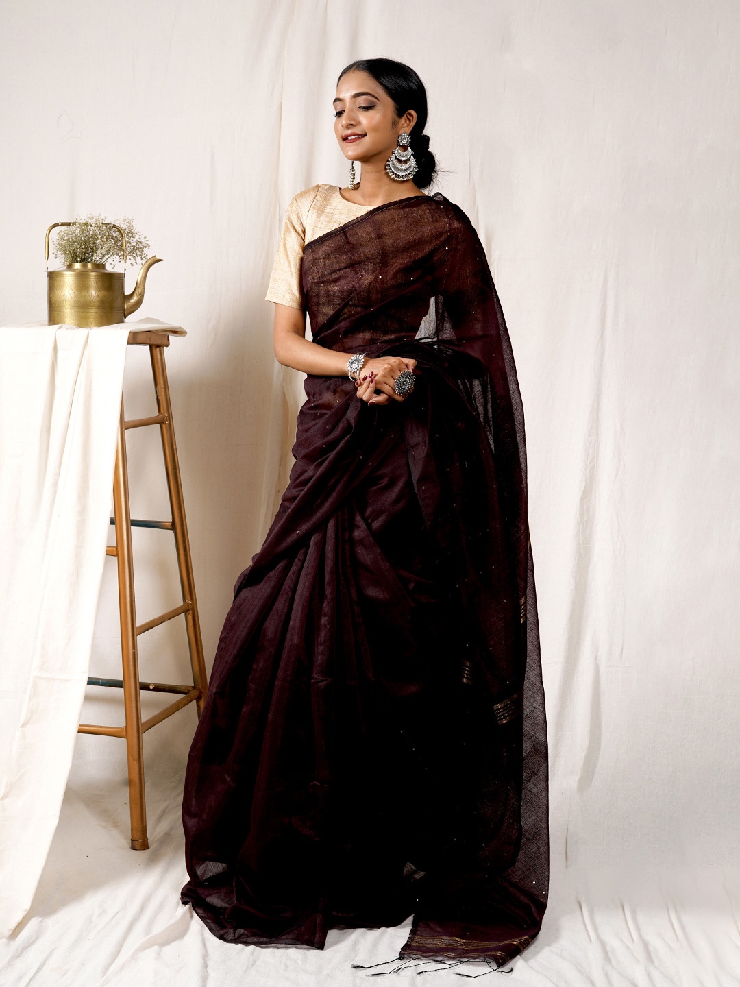 

TEEJH Embellished Sequinned Silk Cotton Saree, Brown