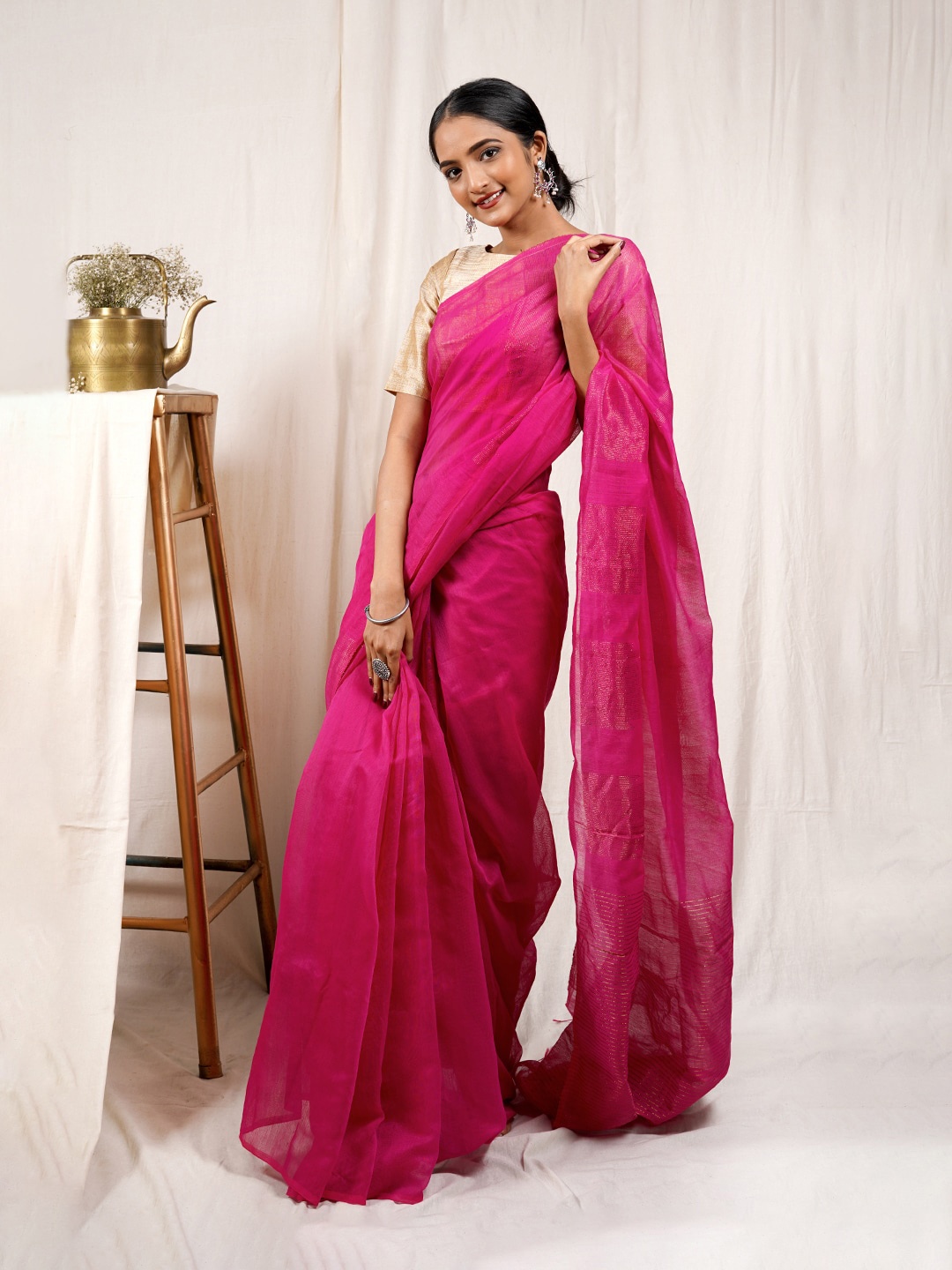 

TEEJH Silk Cotton Saree, Pink