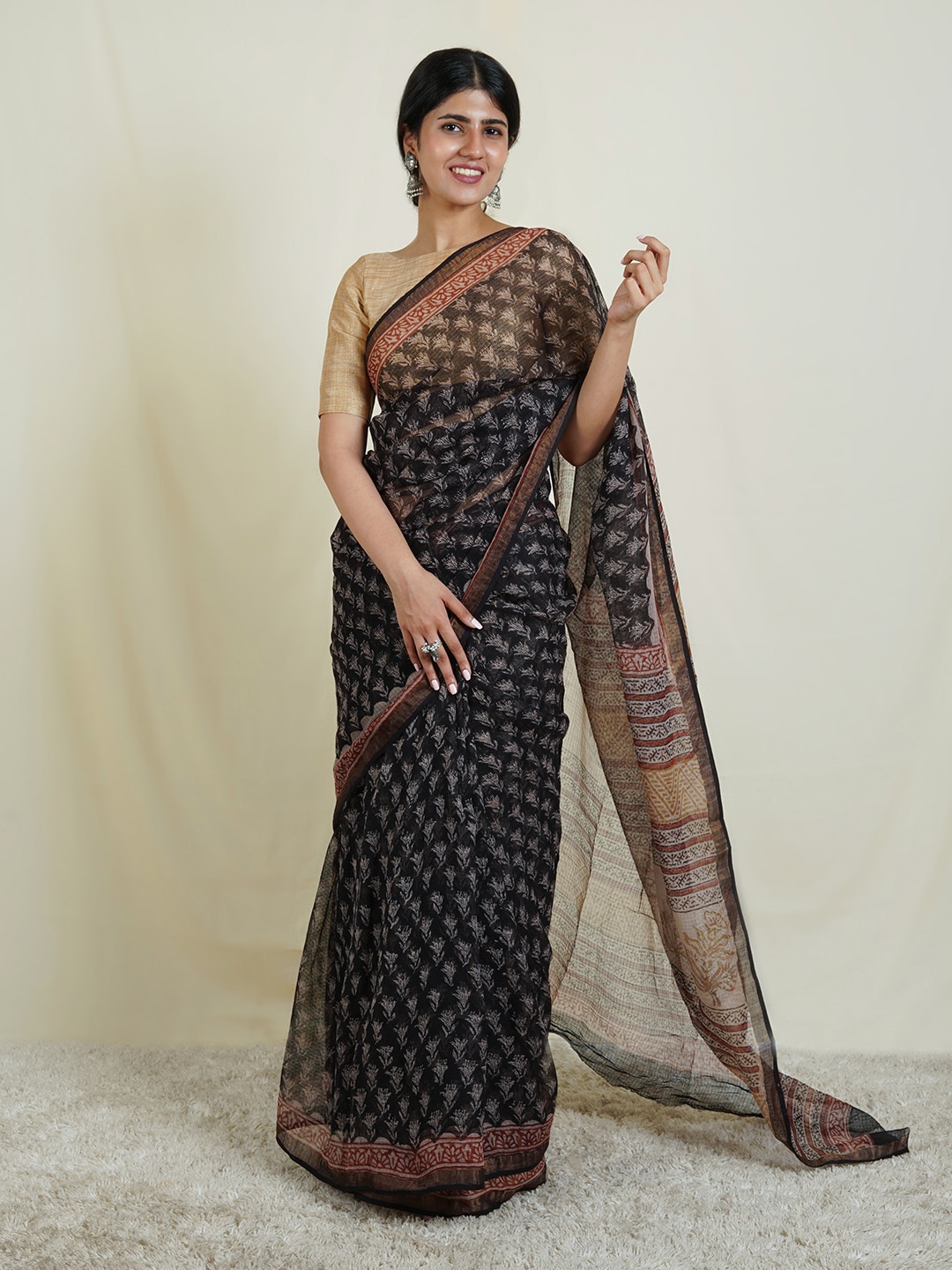 

TEEJH Ethnic Motifs Block Printed Kota Saree, Black
