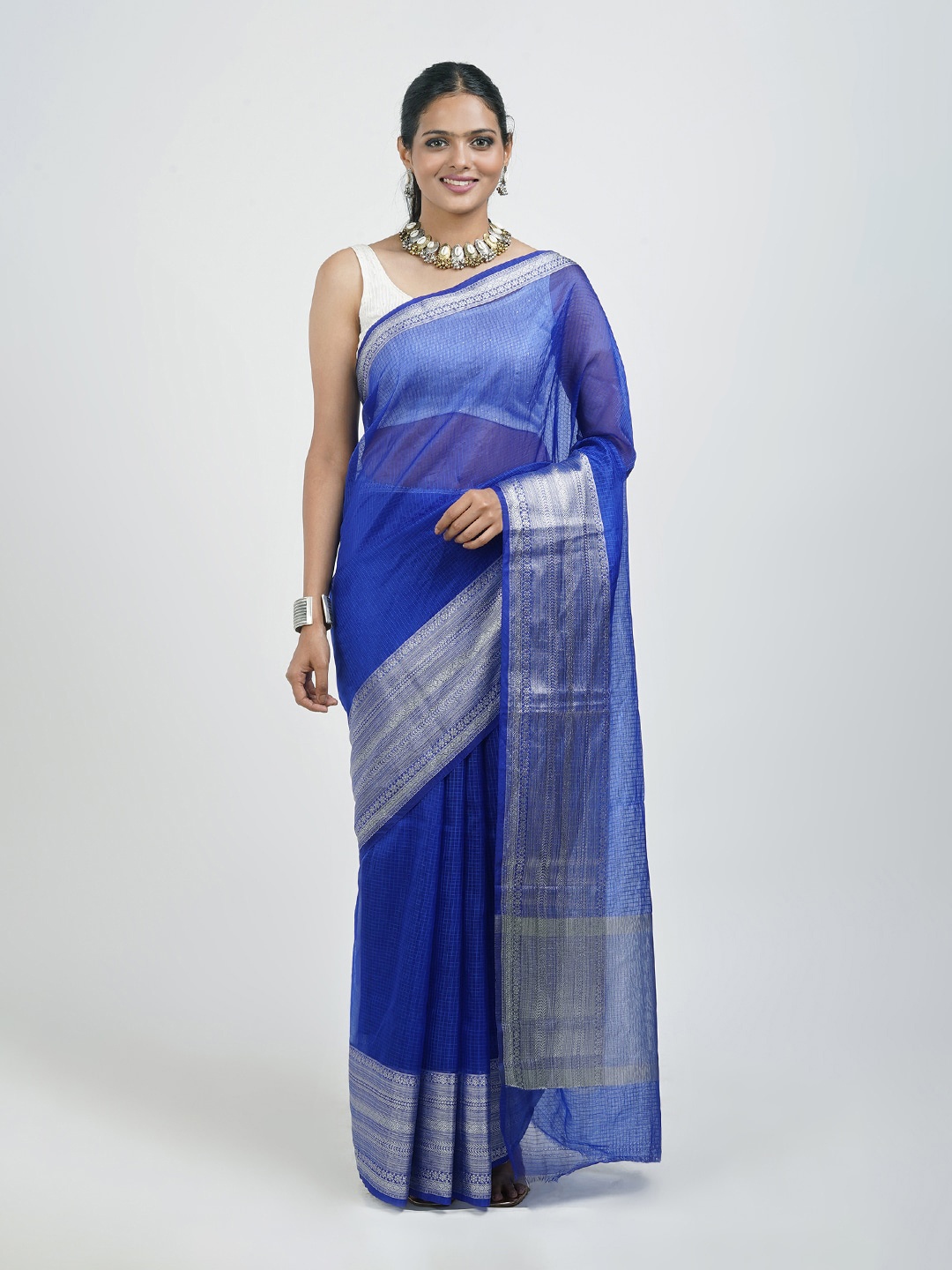 

TEEJH Checked Zari Organza Saree, Blue