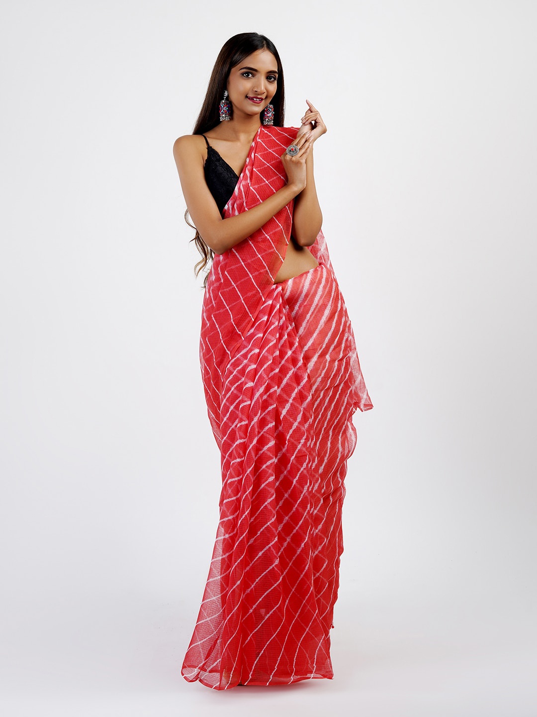 

TEEJH Striped Kota Leheriya Saree, Red