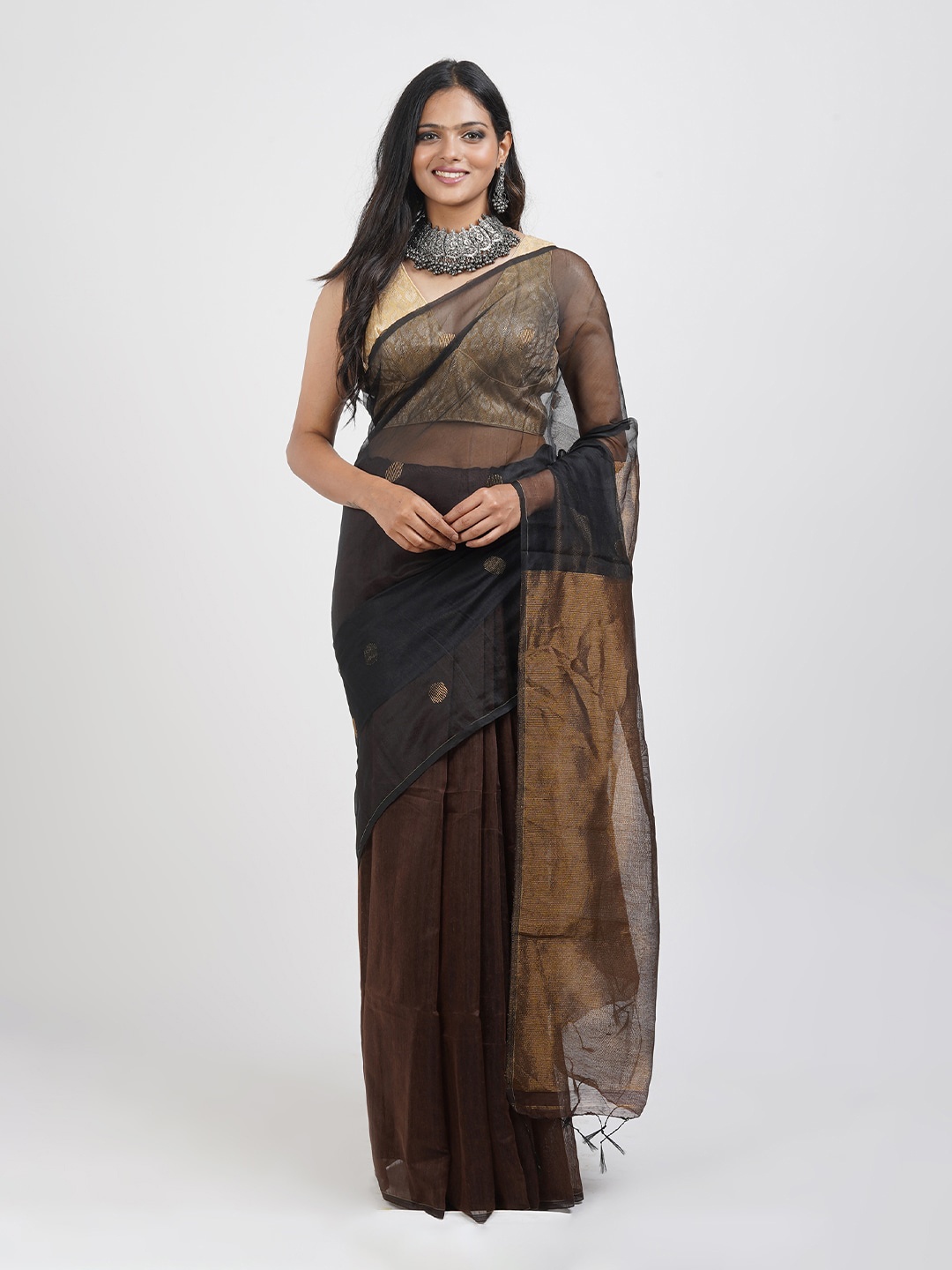 

TEEJH Ethnic Motifs Woven Design Zari Saree, Brown