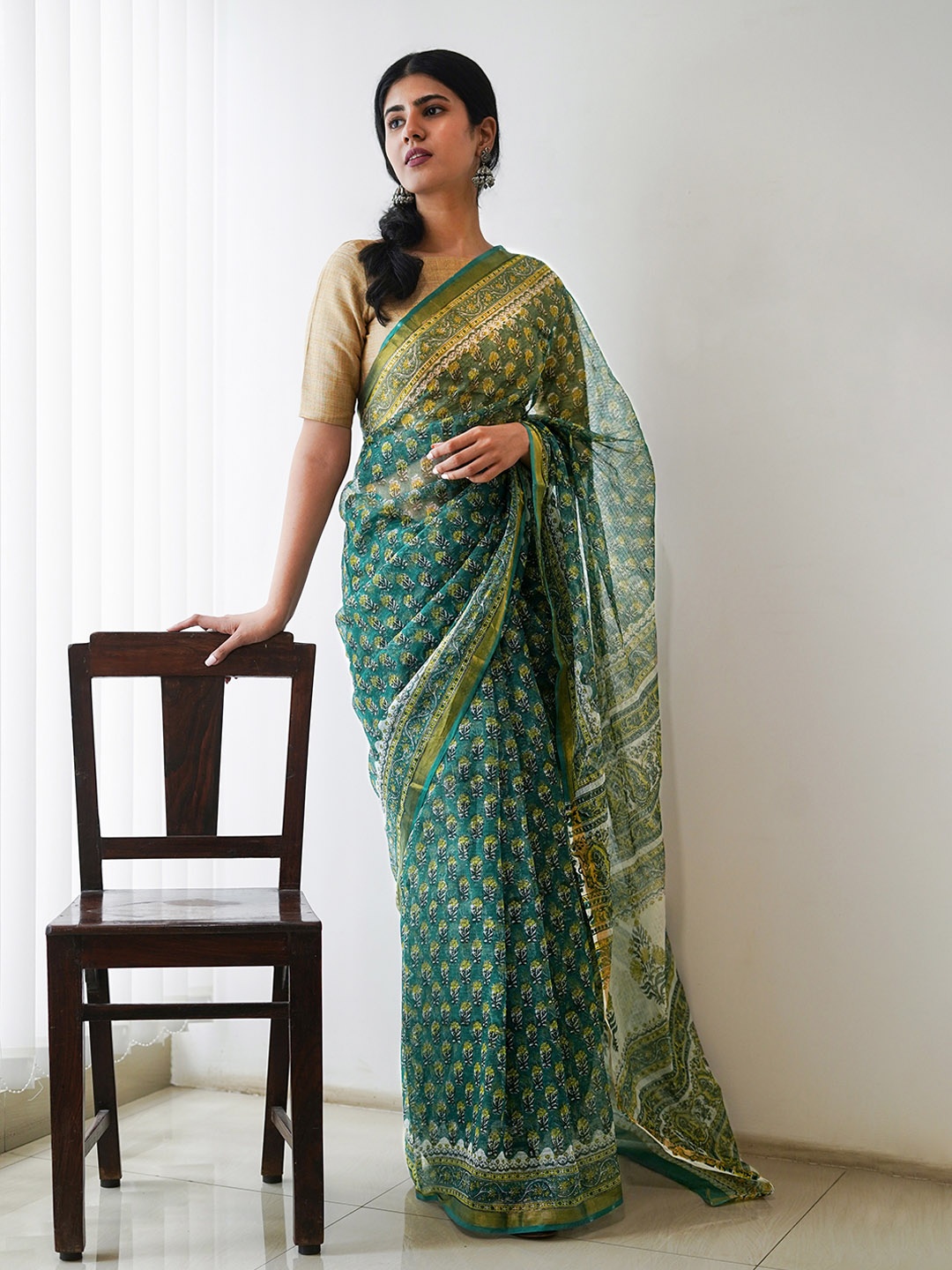 

TEEJH Ethnic Motifs Printed Kota Saree, Green