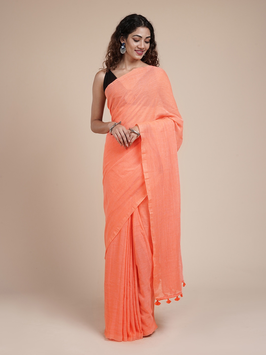 

TEEJH Pure Cotton Tasselled Saree, Peach