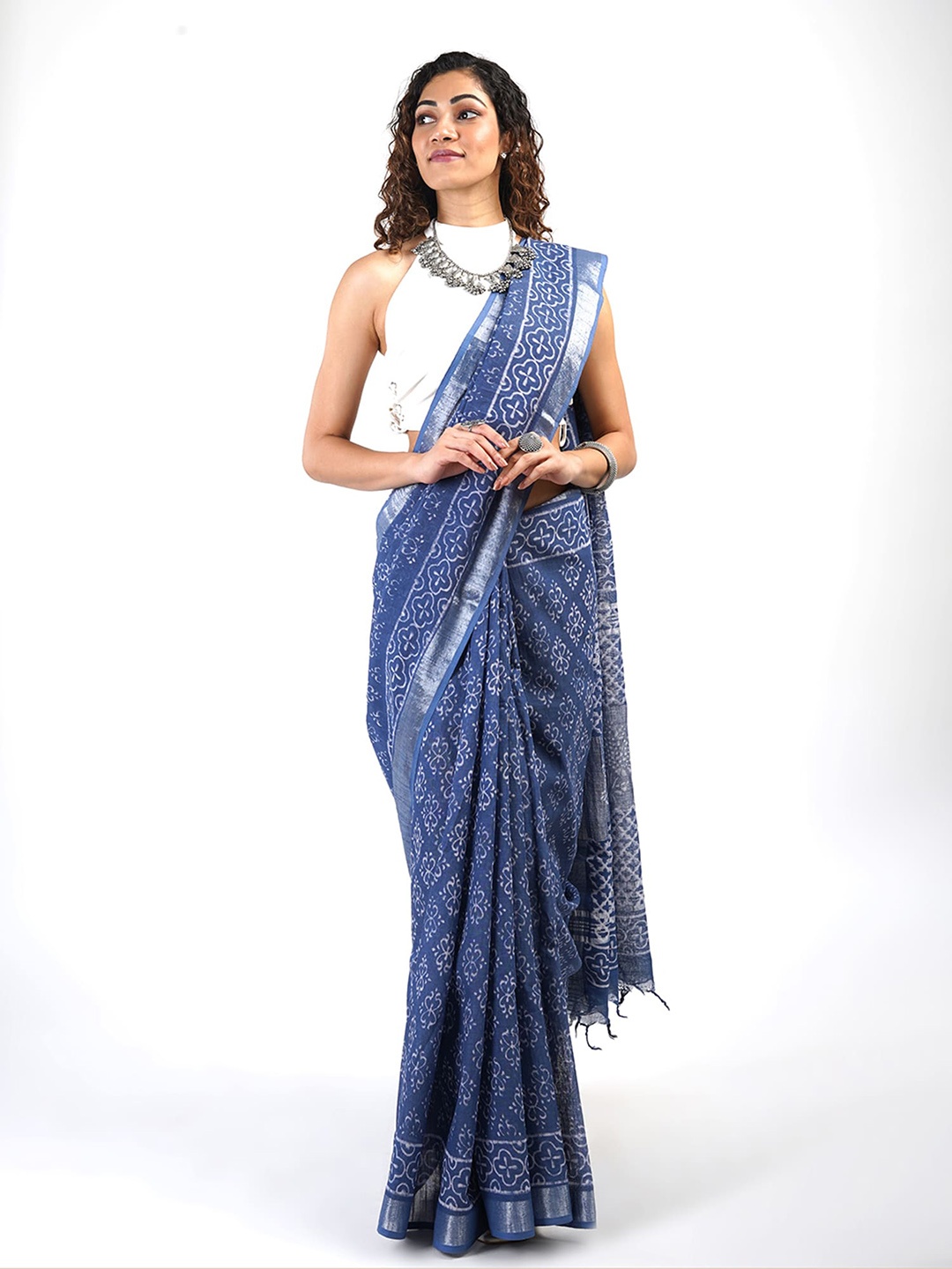 

TEEJH Ethnic Motifs Printed Zari Saree, Blue