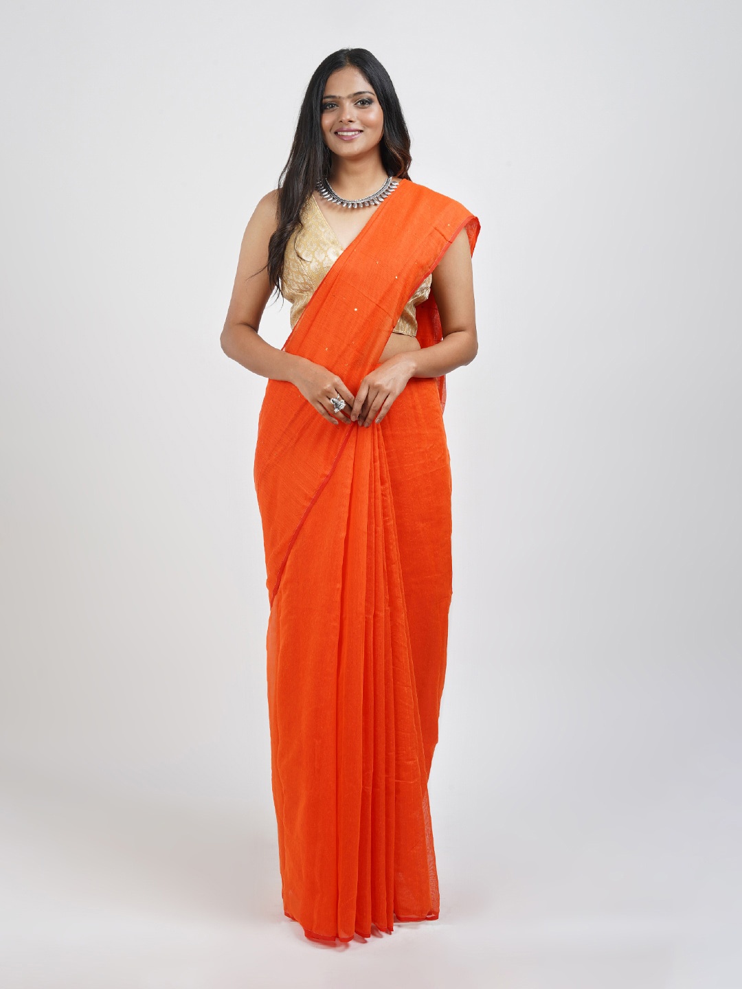

TEEJH Embellished Sequinned Silk Cotton Saree, Orange