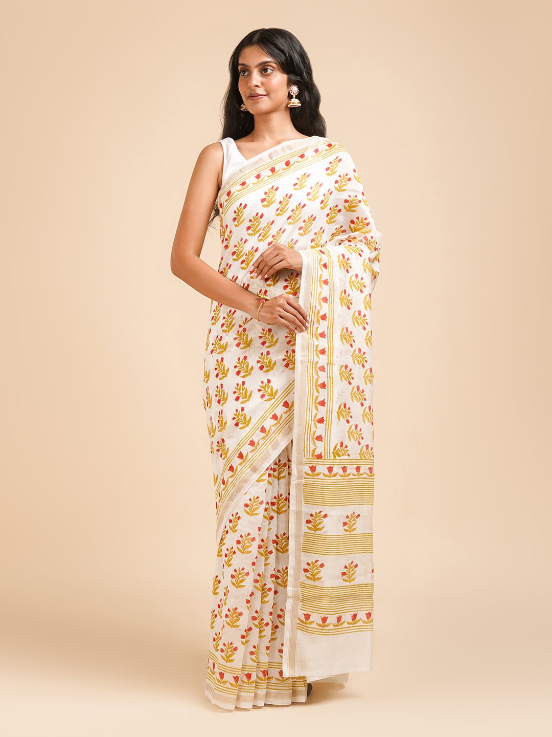 

TEEJH Floral Printed Silk Cotton Chanderi Saree, Off white