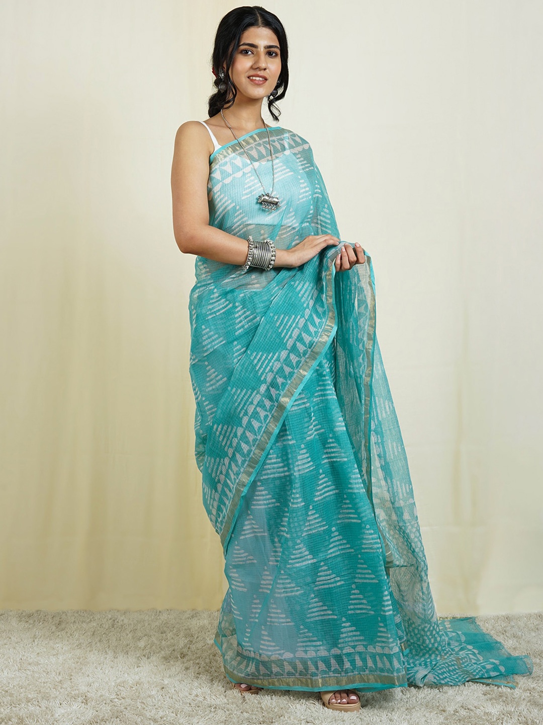 

TEEJH Geometric Printed Kota Saree, Turquoise blue