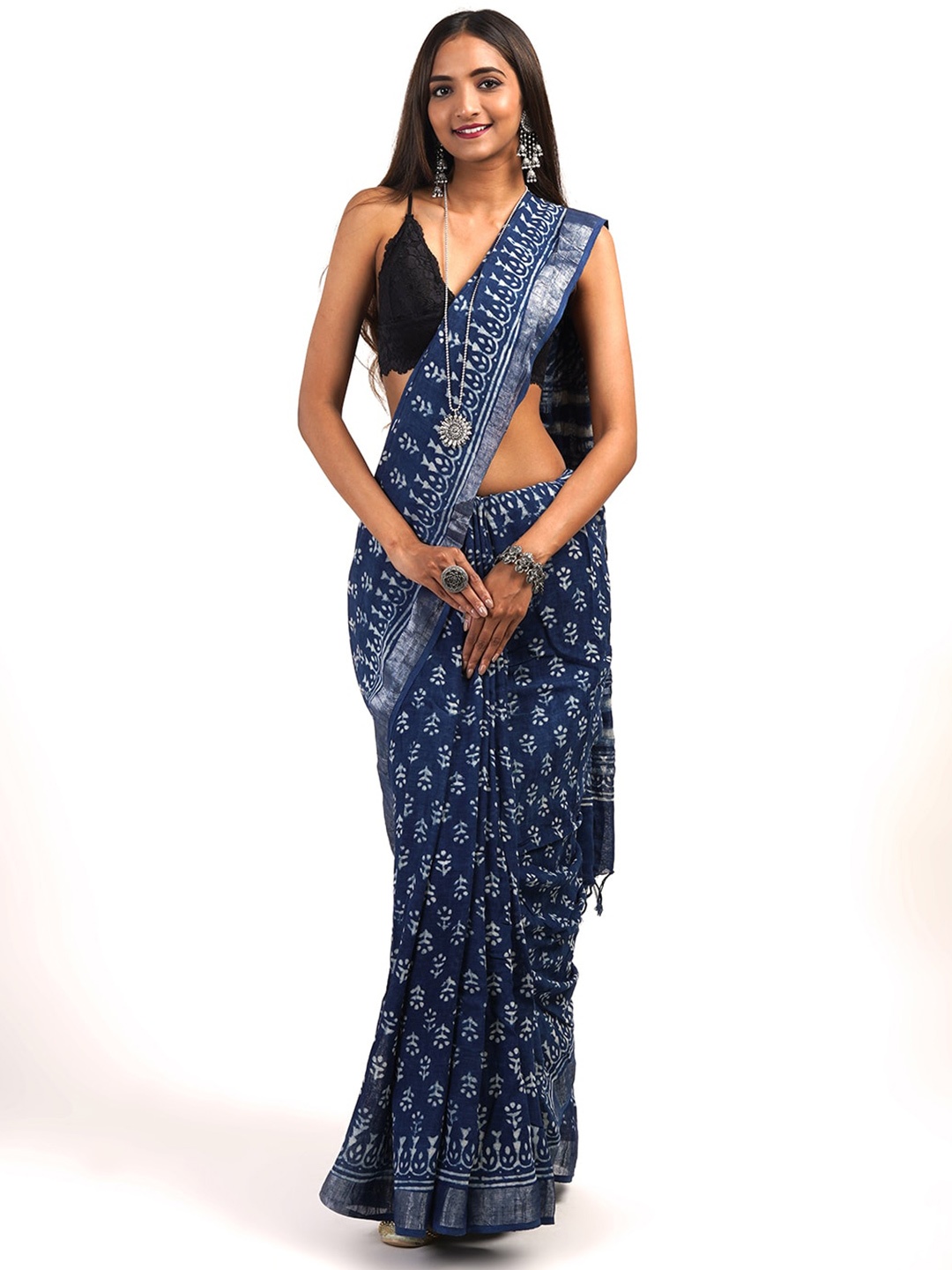 

TEEJH Ethnic Motifs Printed Zari Saree, Navy blue
