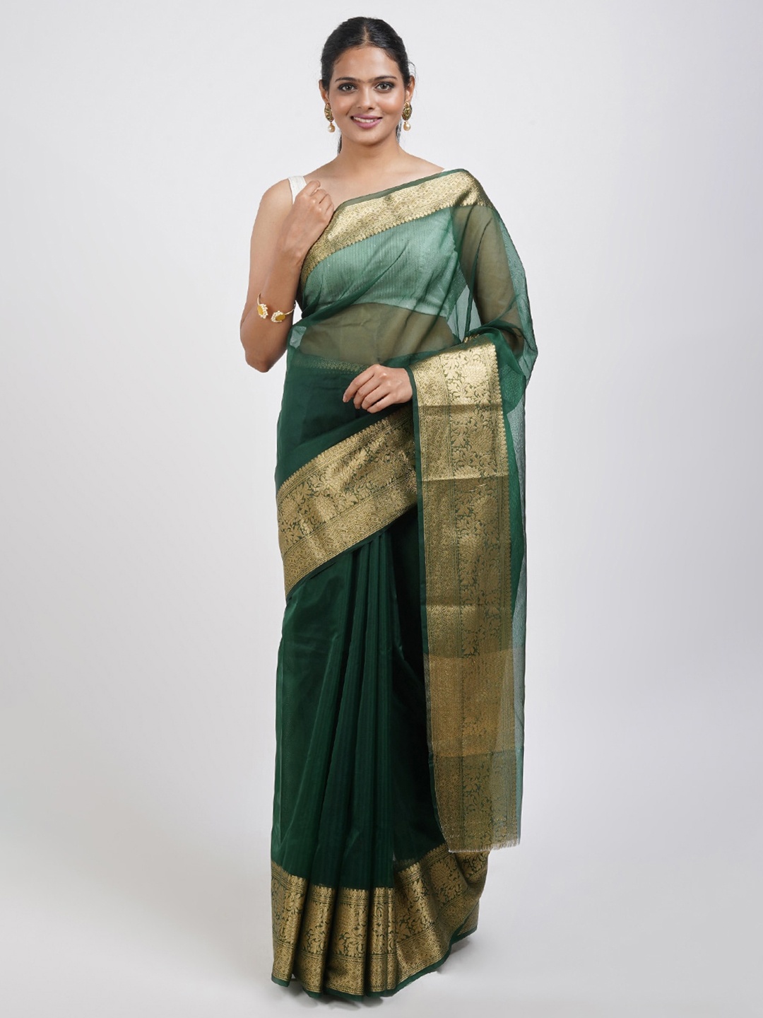 

TEEJH Zari Organza Saree With Woven Design Border, Green