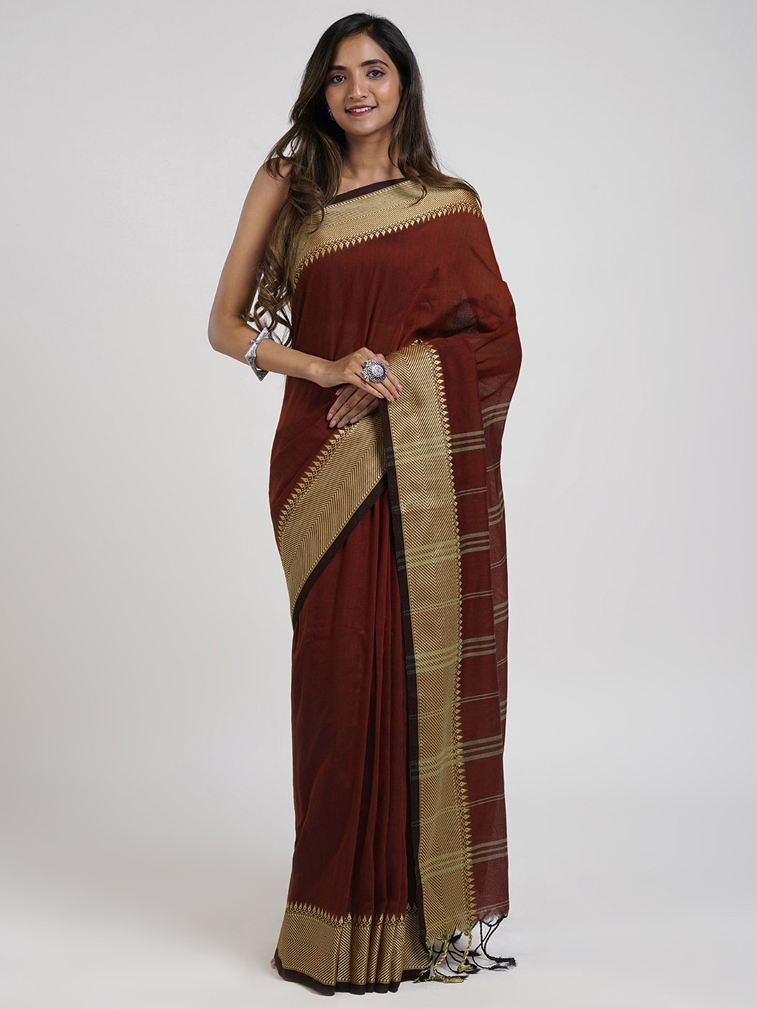 

TEEJH Zari Pure Cotton Saree With Woven Design Border, Maroon