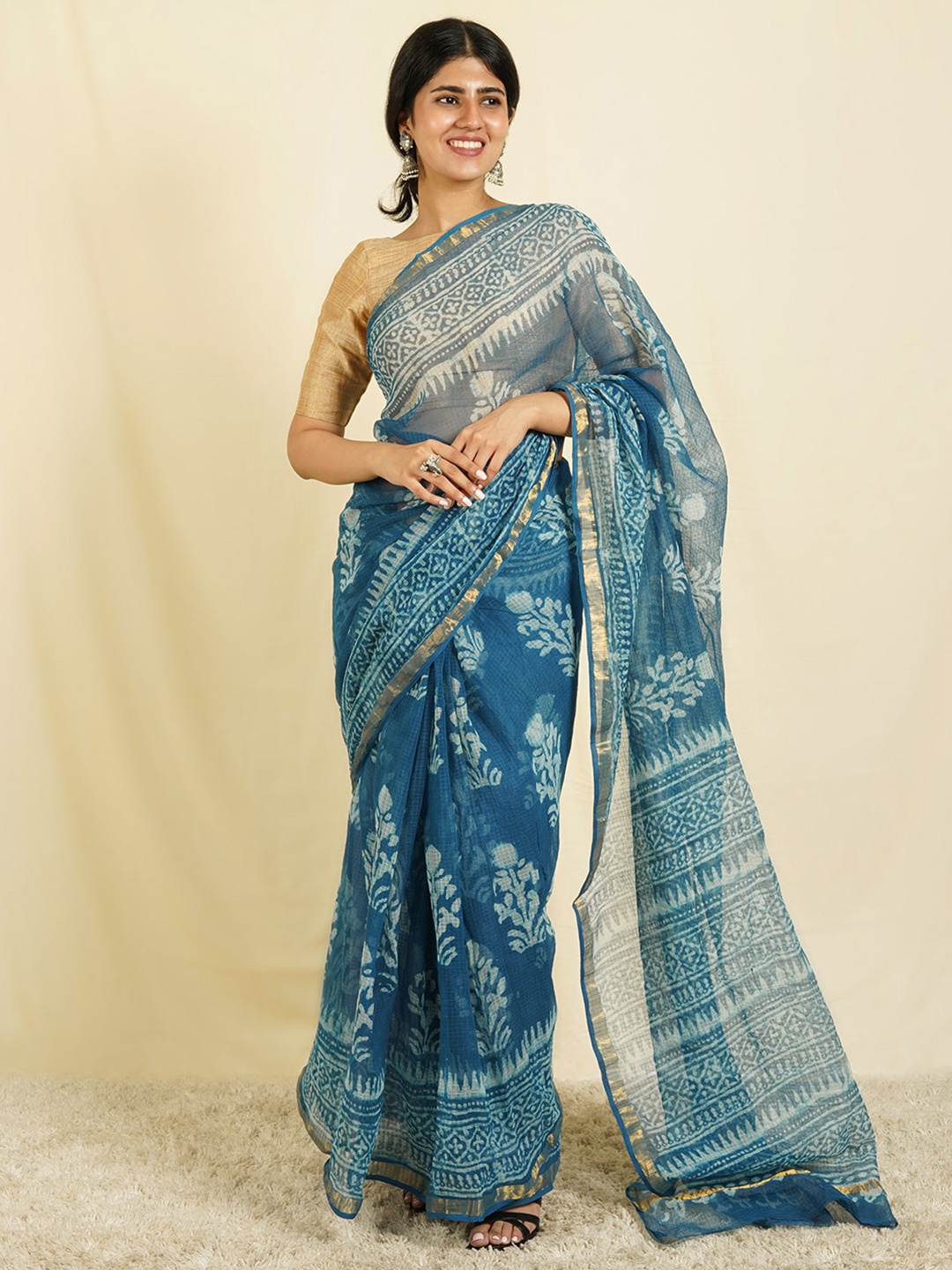 

TEEJH Ethnic Motifs Printed Zari Kota Saree, Blue