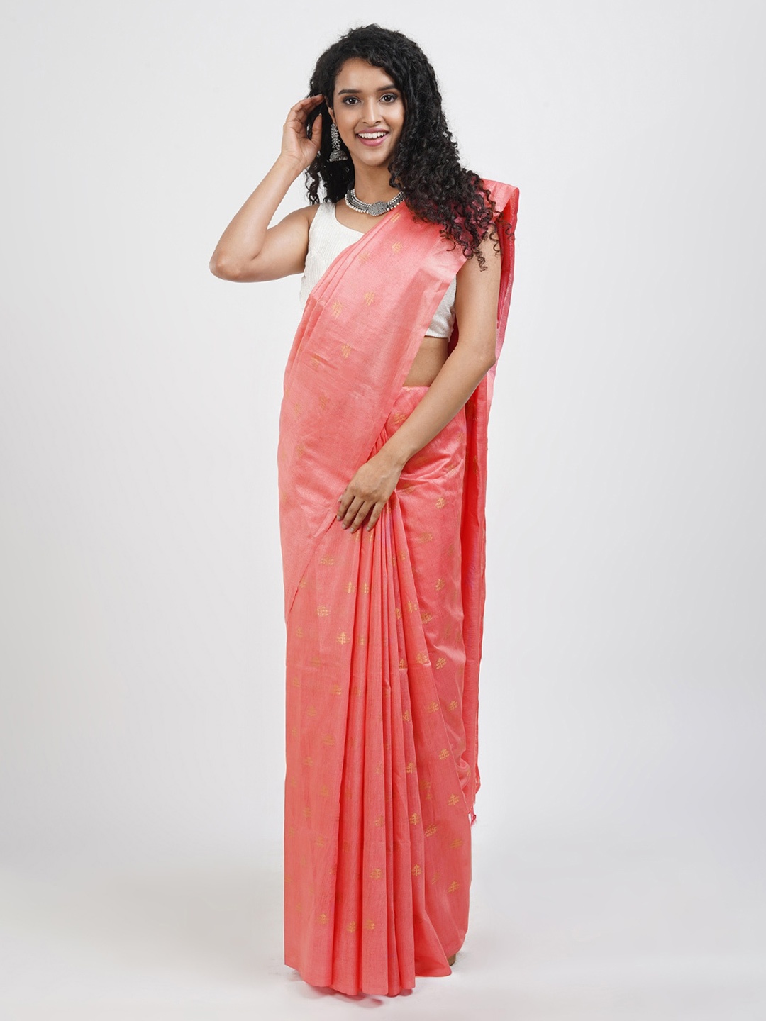 

TEEJH Ethnic Motifs Woven Design Zari Silk Cotton Saree, Pink
