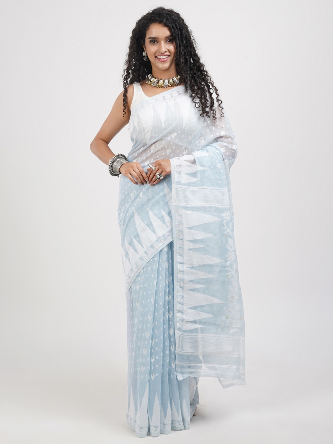 

TEEJH Floral Printed Pure Cotton Jamdani Saree, Blue