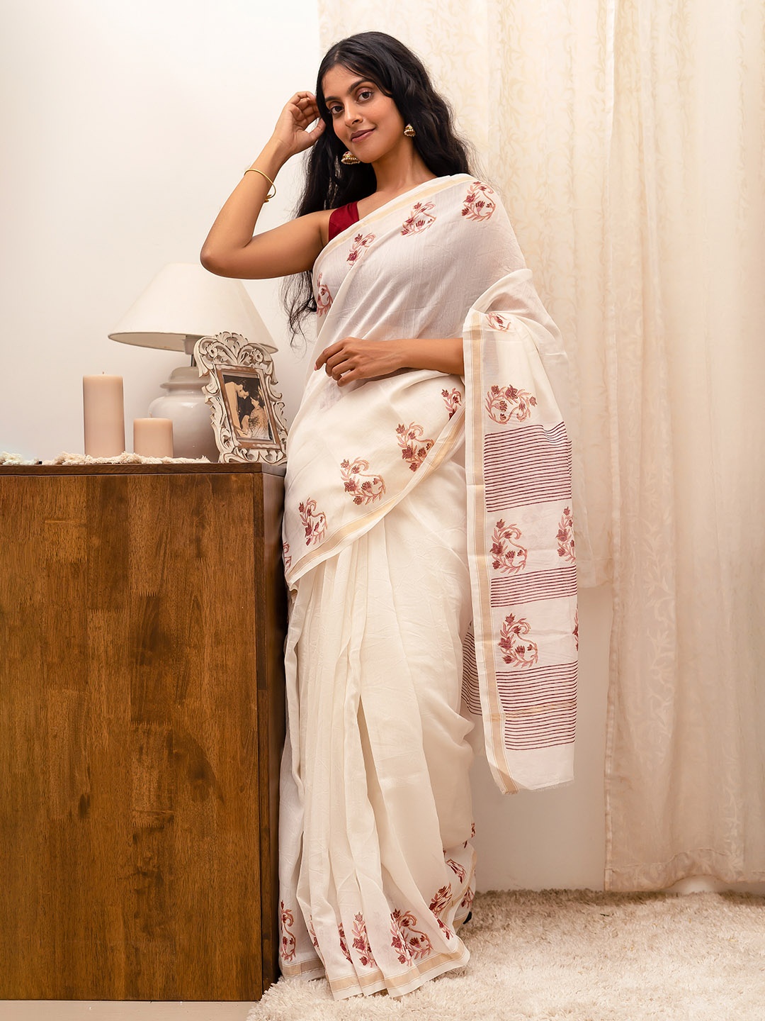 

TEEJH Ethnic Motifs Printed Zari Silk Cotton Chanderi Saree, Off white