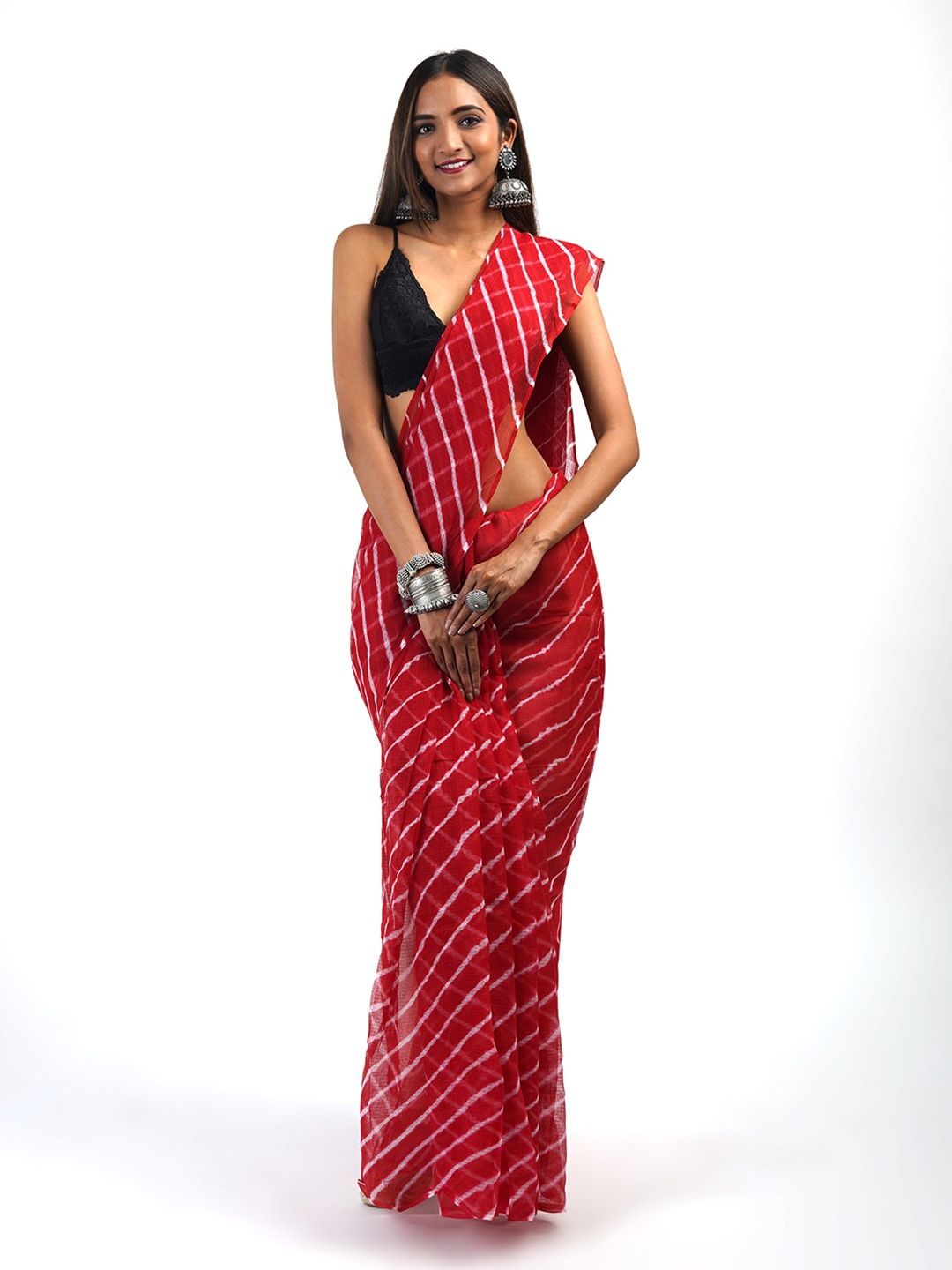 

TEEJH Striped Leheriya Saree, Maroon