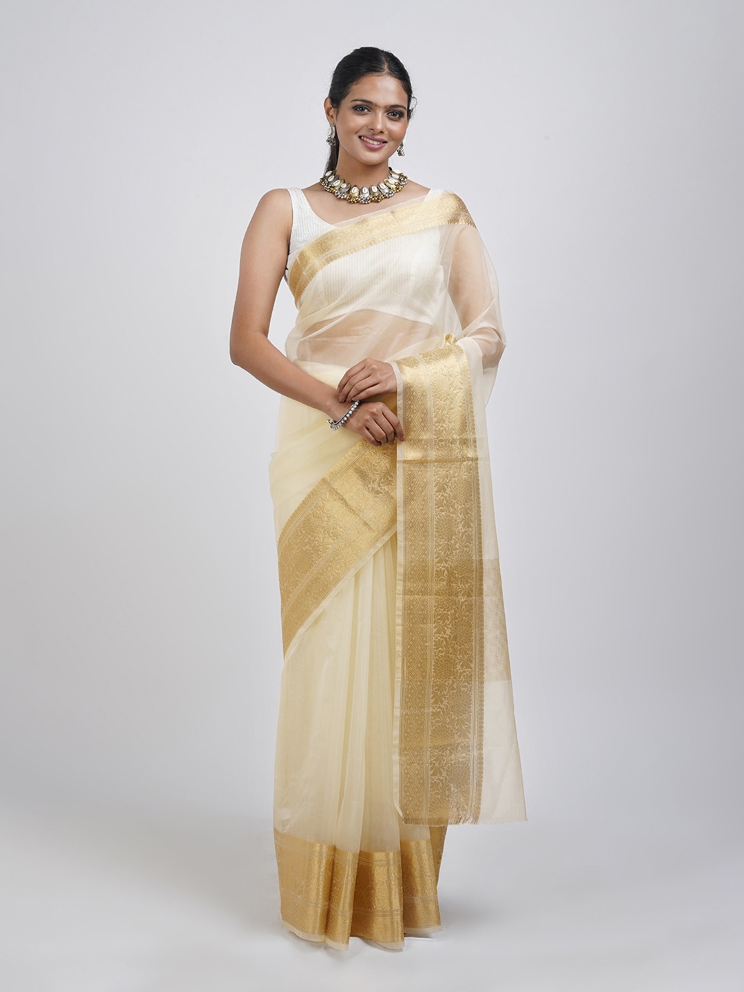 

TEEJH Ethnic Motifs Woven Design Zari Organza Saree, Off white