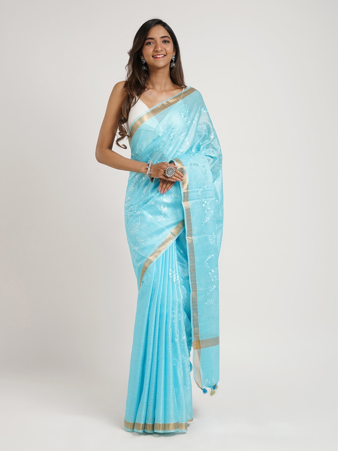 

TEEJH Floral Embroidered Zari Kota Saree, Blue