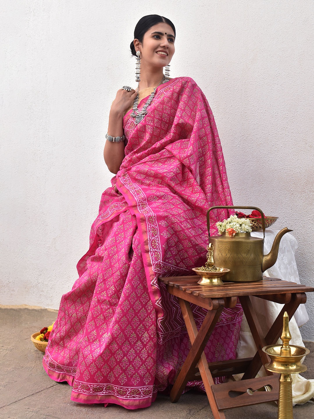 

TEEJH Ethnic Motifs Printed Silk Cotton Chanderi Saree, Pink