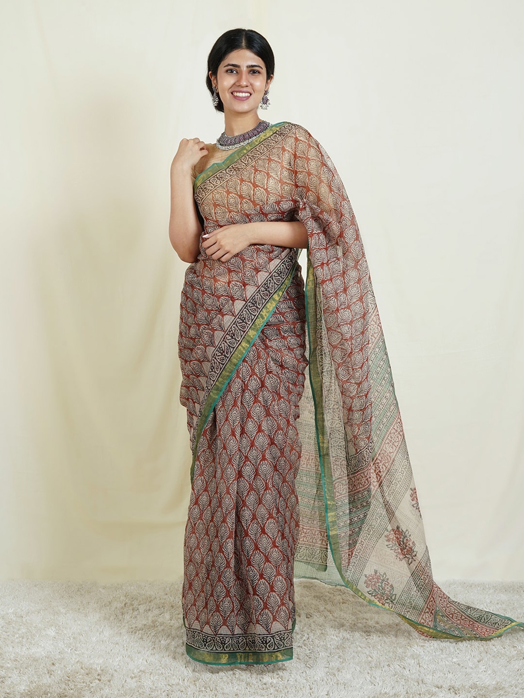 

TEEJH Ethnic Motifs Printed Zari Kota Saree, Brown