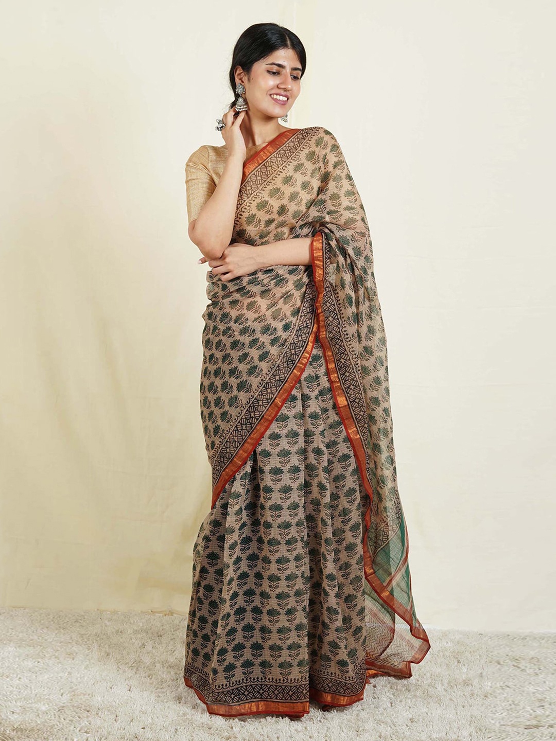 

TEEJH Floral Printed Zari Kota Saree, Beige