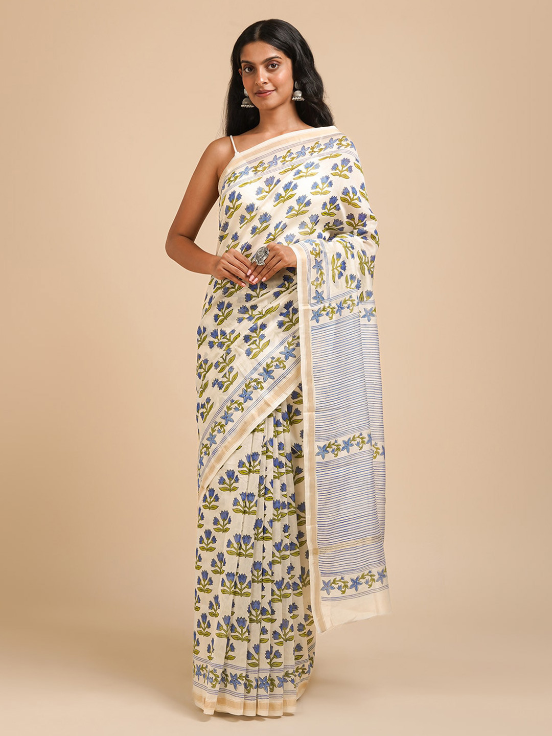 

TEEJH Floral Zari Silk Cotton Chanderi Saree, Off white