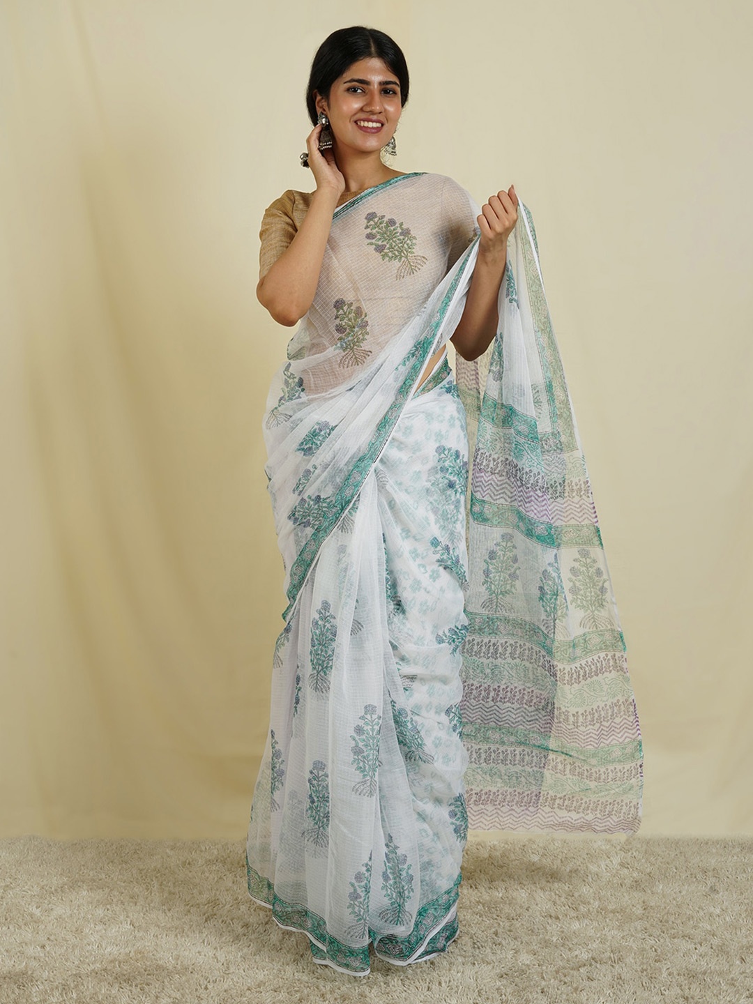 

TEEJH Ethnic Motifs Block Printed Kota Saree, White