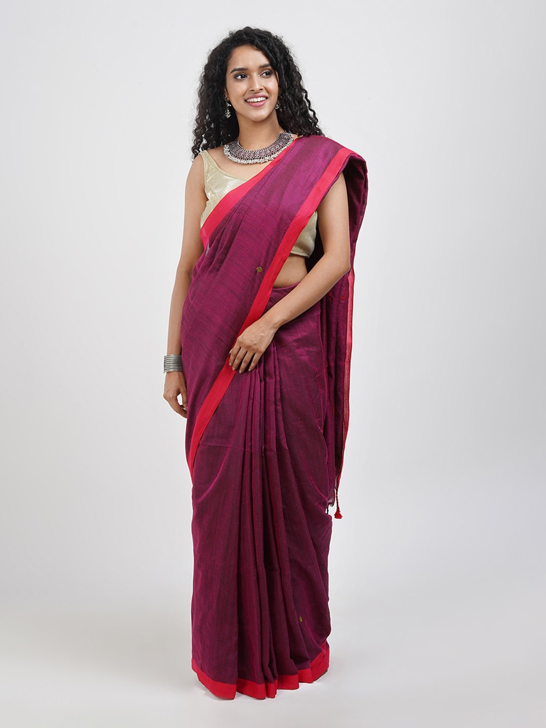 

TEEJH Tasseled Pure Cotton Saree, Magenta
