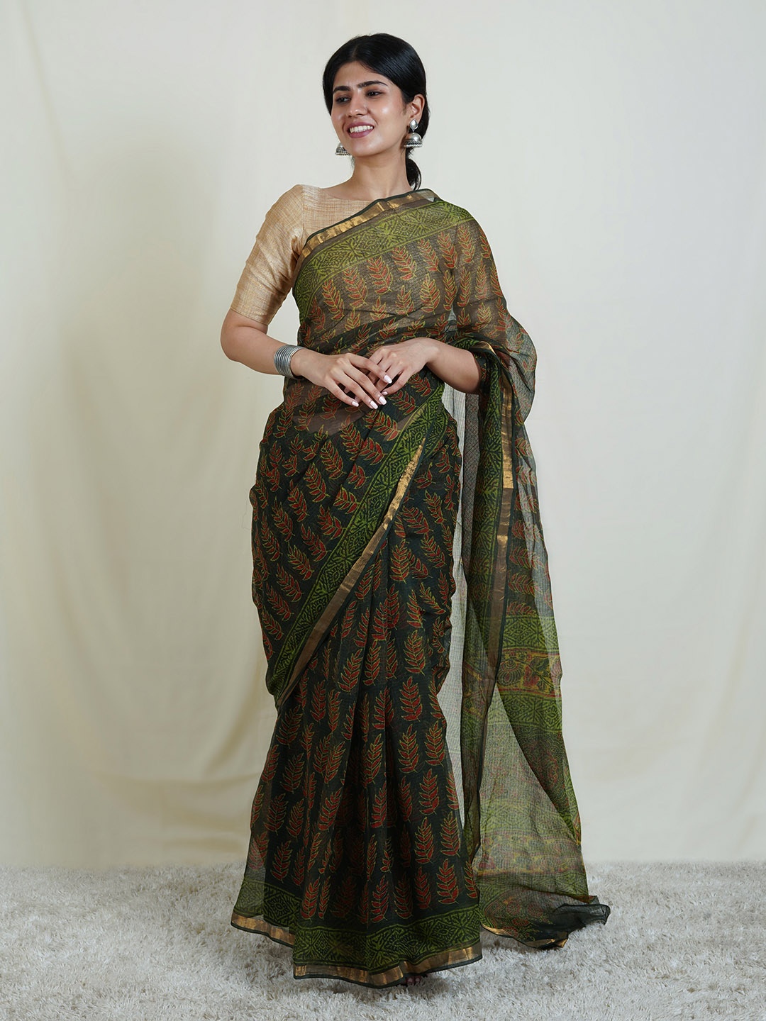 

TEEJH Ethnic Motifs Printed Zari Kota Saree, Green