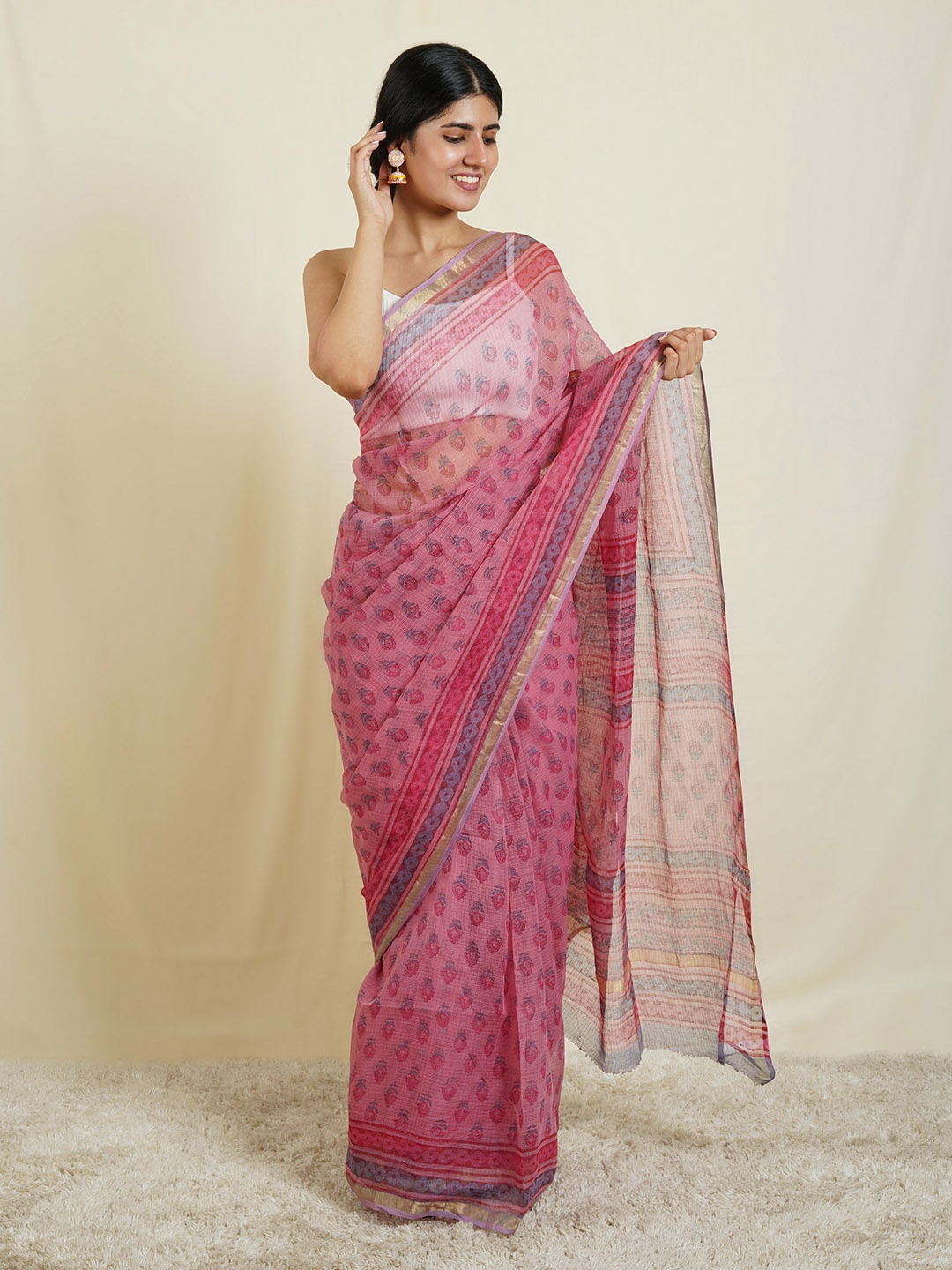 

TEEJH Ethnic Motifs Printed Zari Kota Saree, Pink