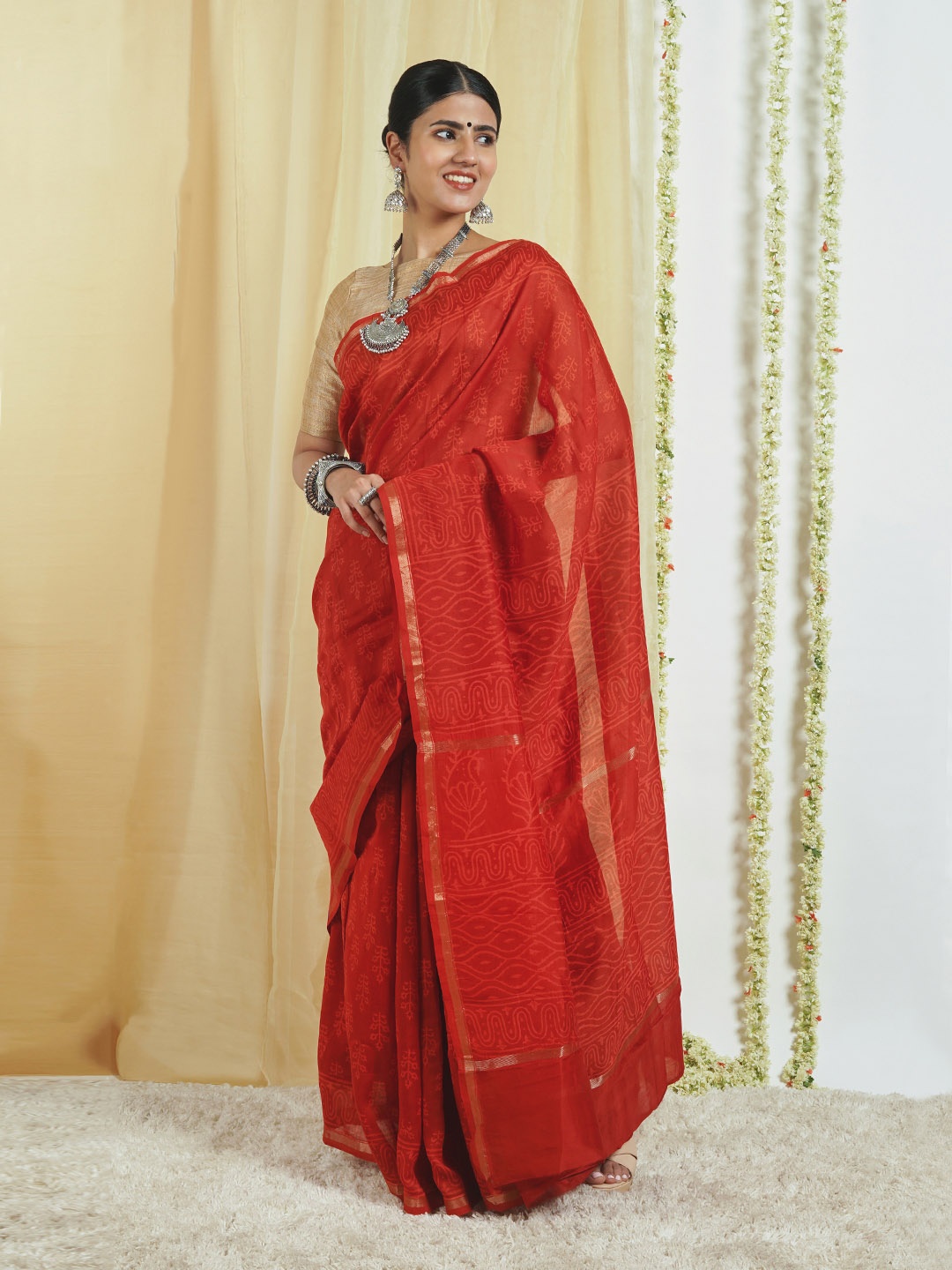 

TEEJH Ethnic Motifs Printed Zari Silk Cotton Chanderi Saree, Red